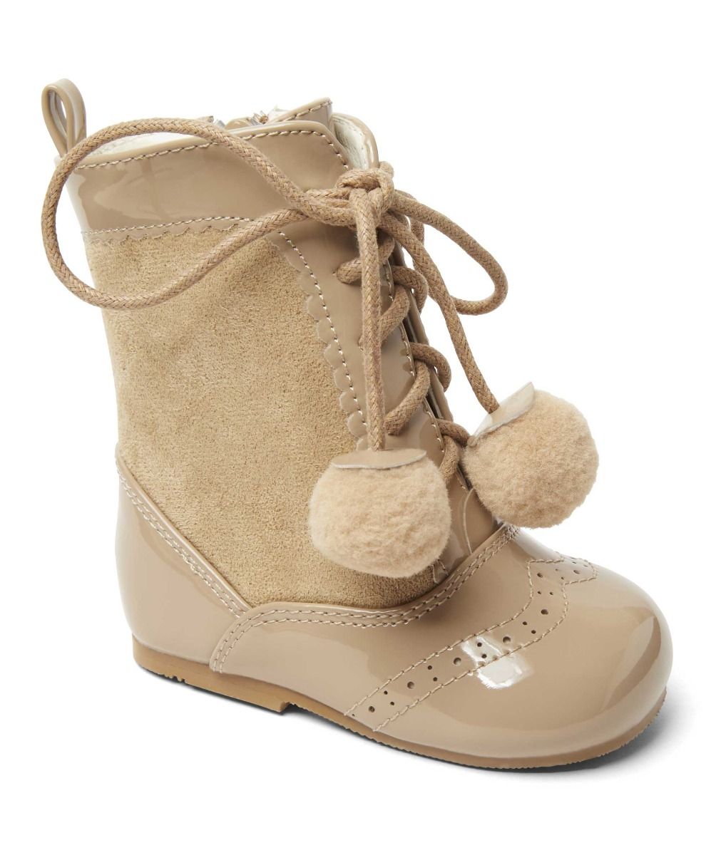 Kids Patent Leather Brogue Unisex Lace-up Boots - SIENNA - Camel