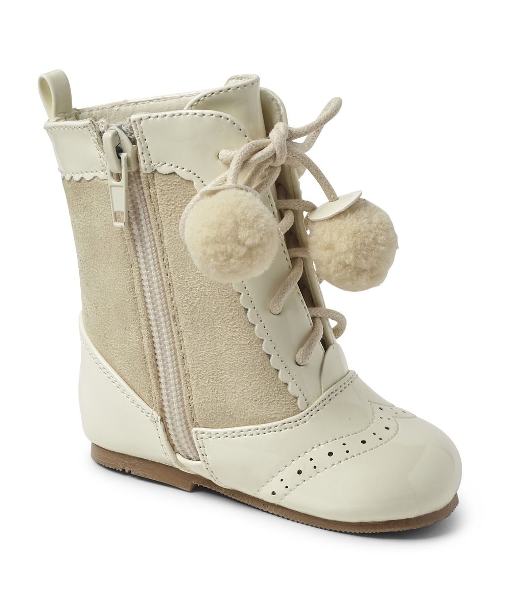 Kids Patent Leather Brogue Unisex Lace-up Boots - SIENNA - Cream - Ivory