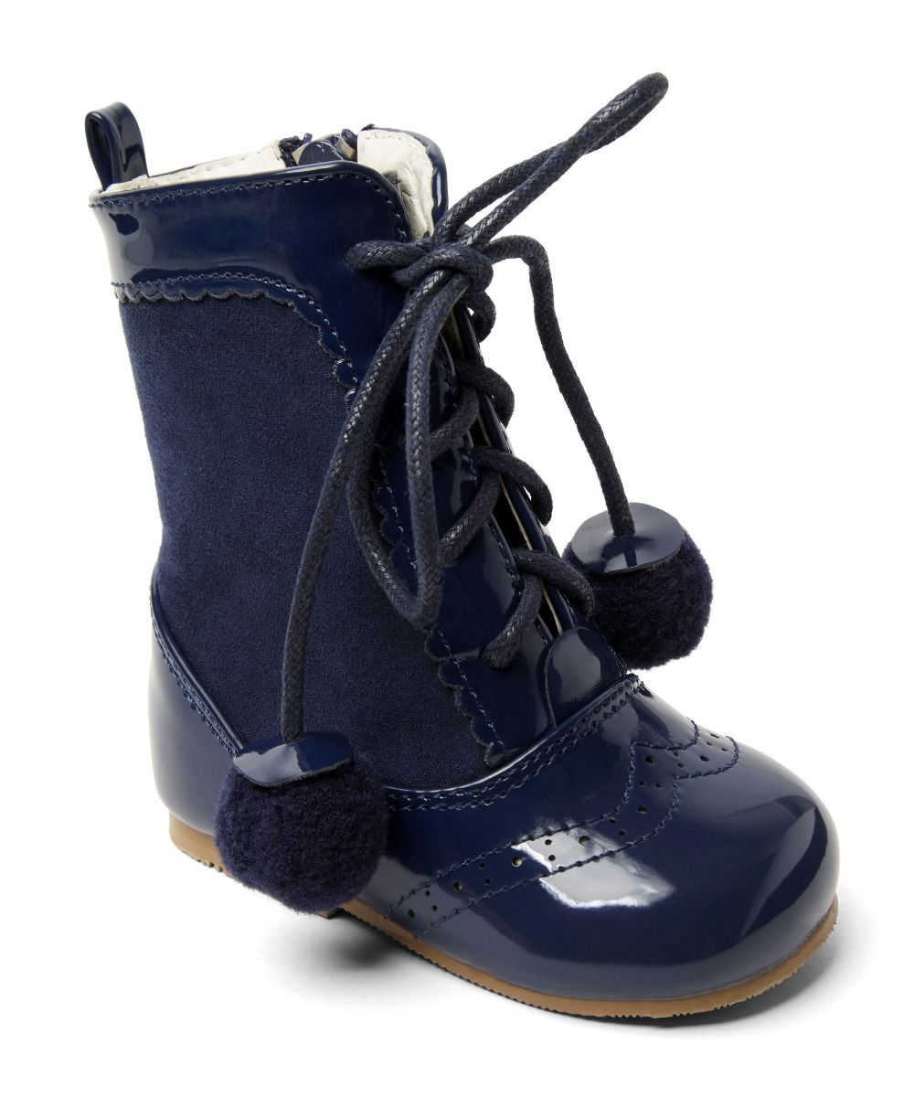 Kids Patent Leather Brogue Unisex Lace-up Boots - SIENNA - Navy Blue