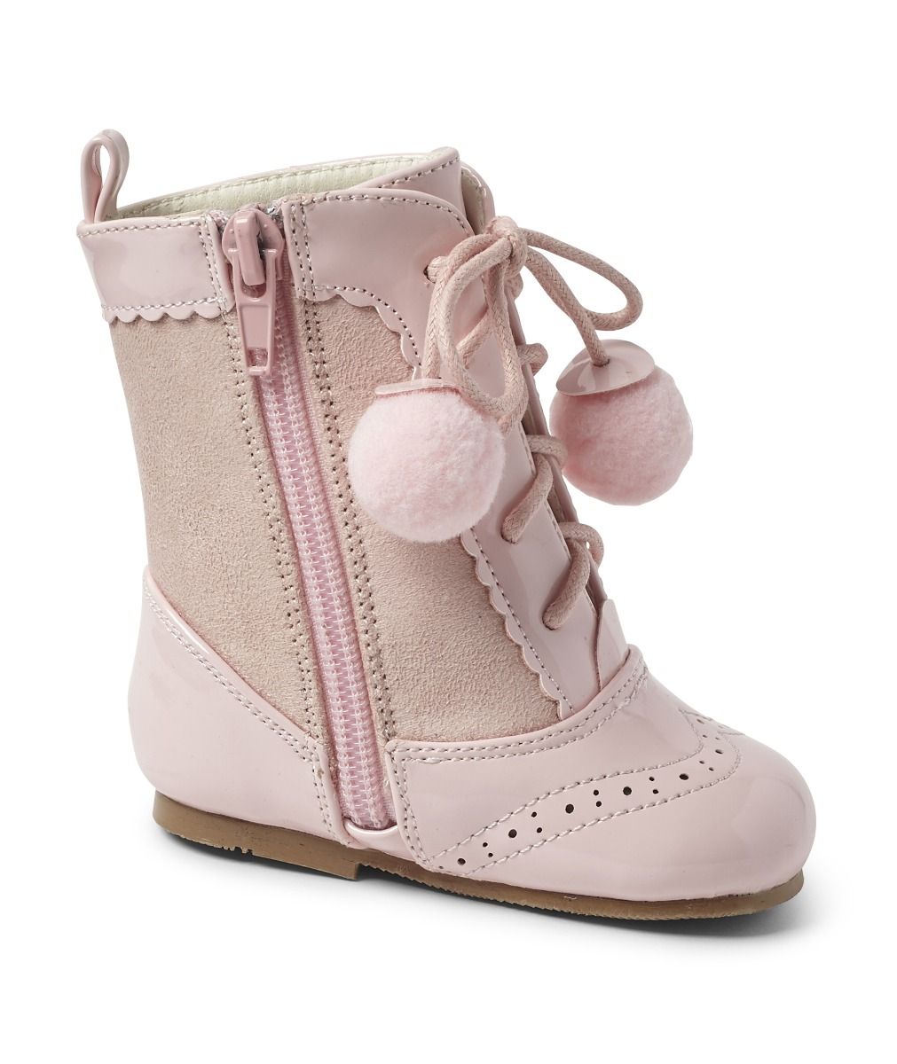 Kids Patent Leather Brogue Unisex Lace-up Boots - SIENNA - Pink