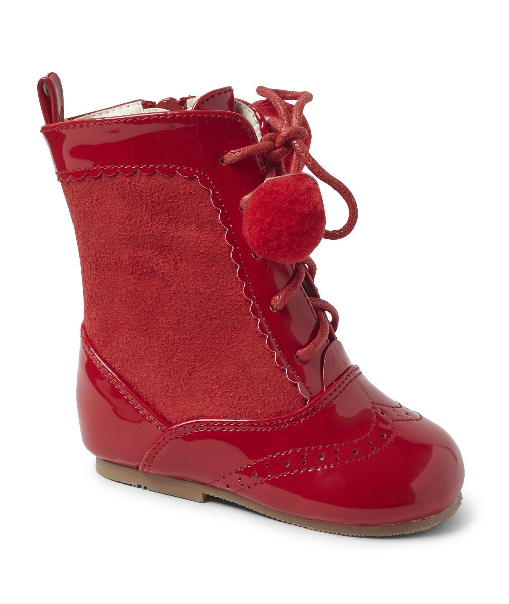 Kids Patent Leather Brogue Unisex Lace-up Boots - SIENNA - Red