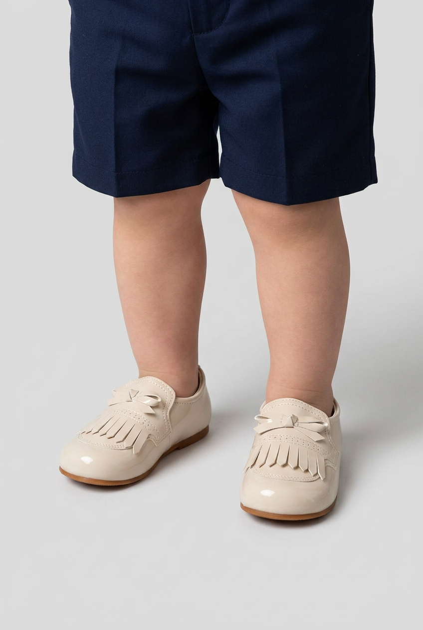 Kids’ Unisex Patent Bow & Fringe Loafers – Smart Occasion Shoes - Beige