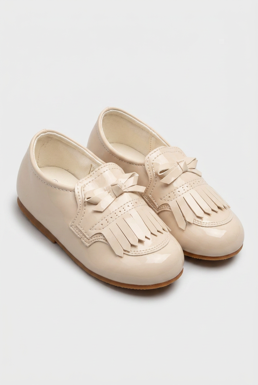 Kids’ Unisex Patent Bow & Fringe Loafers – Smart Occasion Shoes - Beige