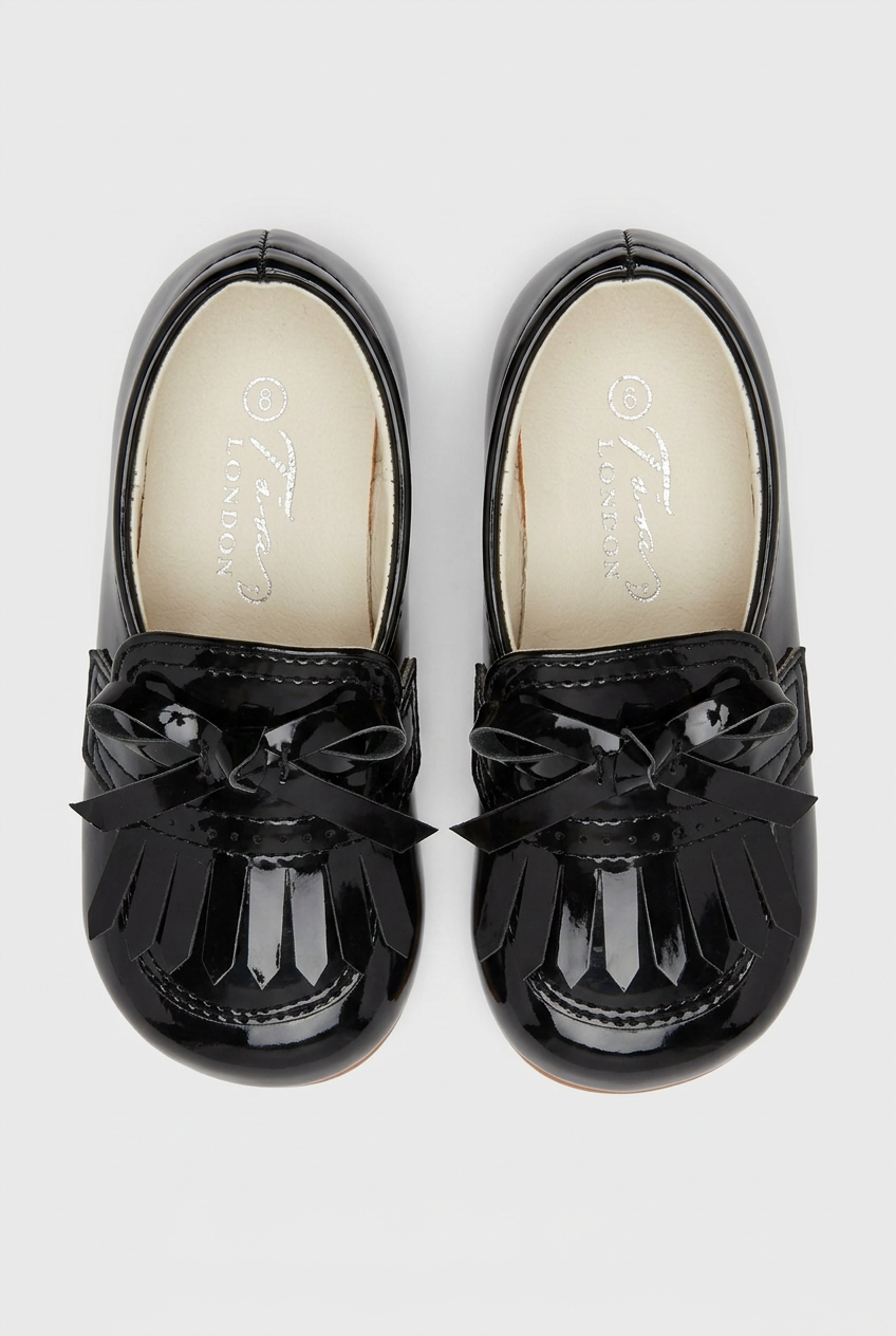 Kids’ Unisex Patent Bow & Fringe Loafers – Smart Occasion Shoes - Black