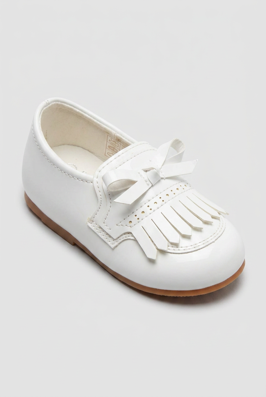 Kids’ Unisex Patent Bow & Fringe Loafers – Smart Occasion Shoes - White