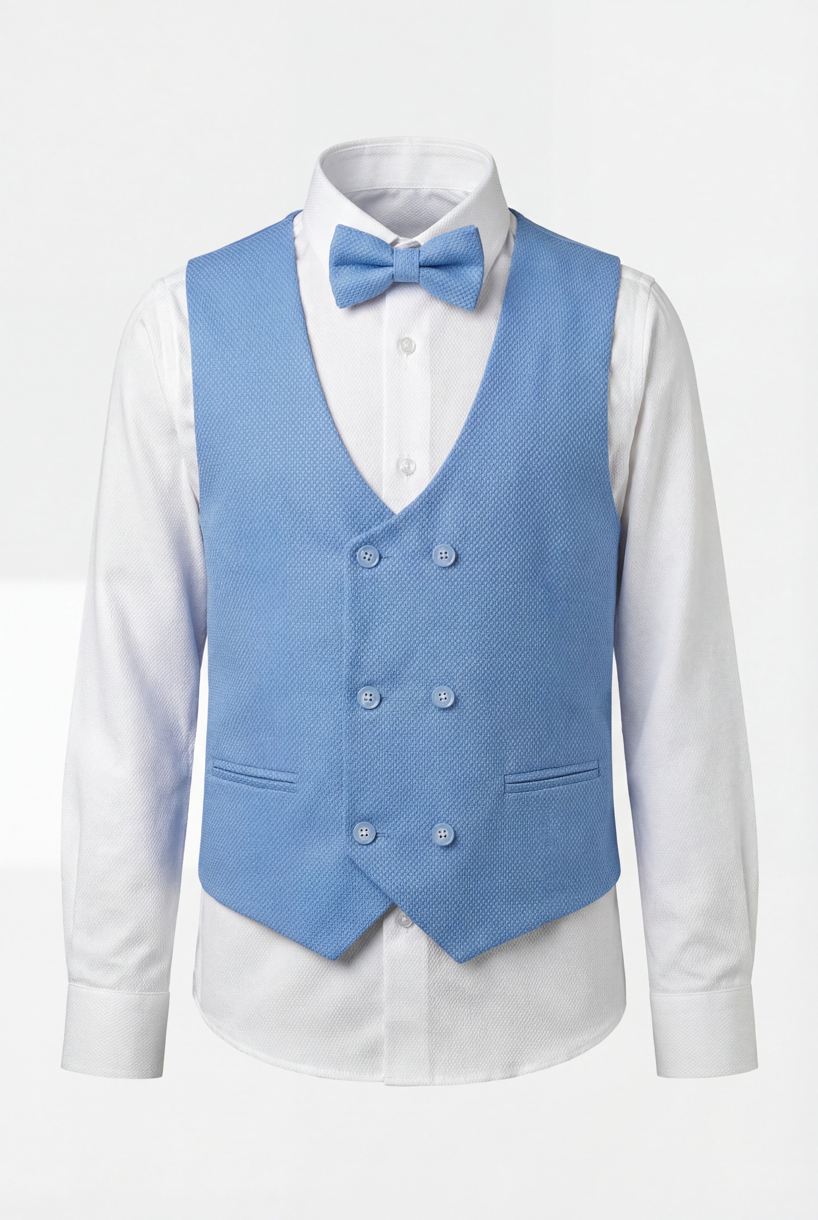 Boys 5-Piece Textured Weave Suit with Double Breasted Waistcoat - Light Blue