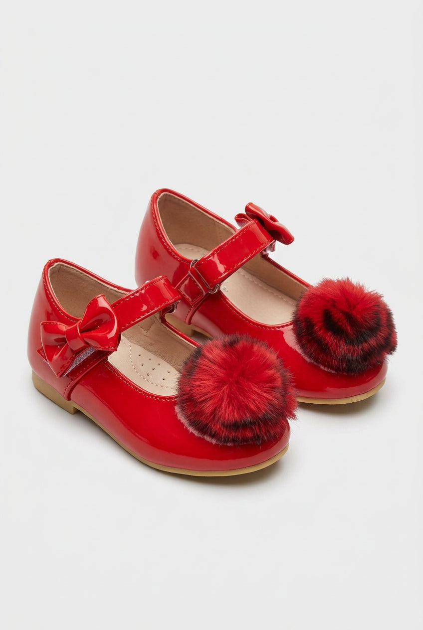 Little Girls Patent Pom Pom Mary Jane Shoes - Red Pair Side Picture