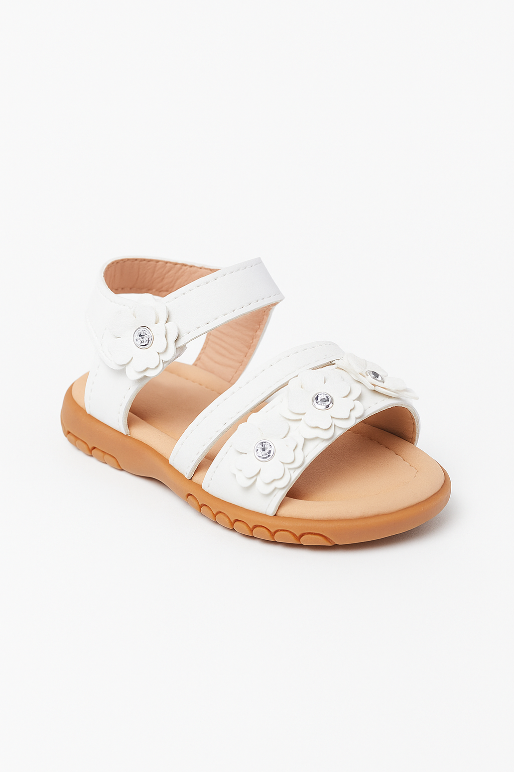 Little Girls’ Floral Sandal Shoes with Rhinestones - ARABELLA - White Side Picture