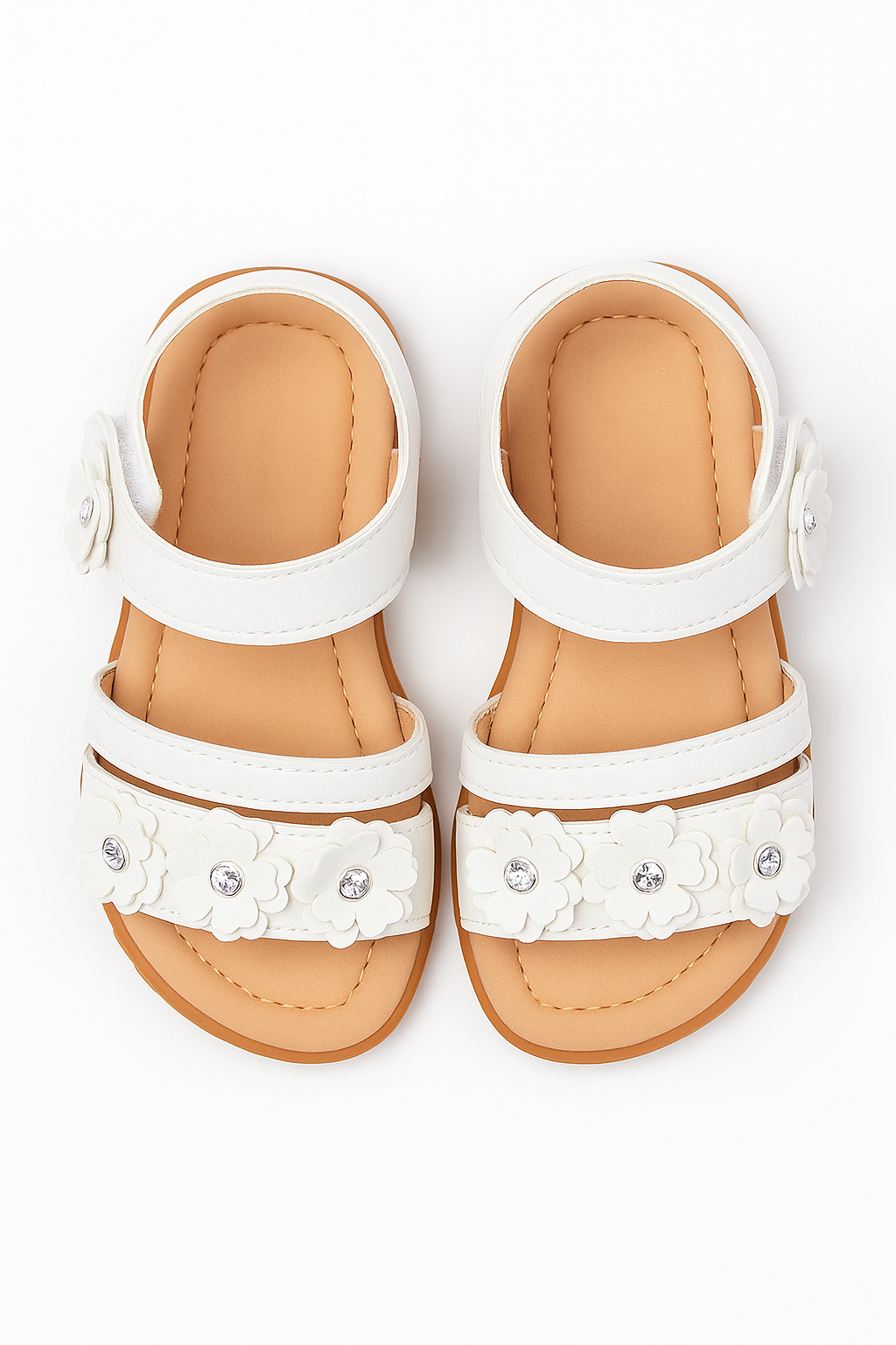 Little Girls’ Floral Sandal Shoes with Rhinestones - ARABELLA - White Front Picture