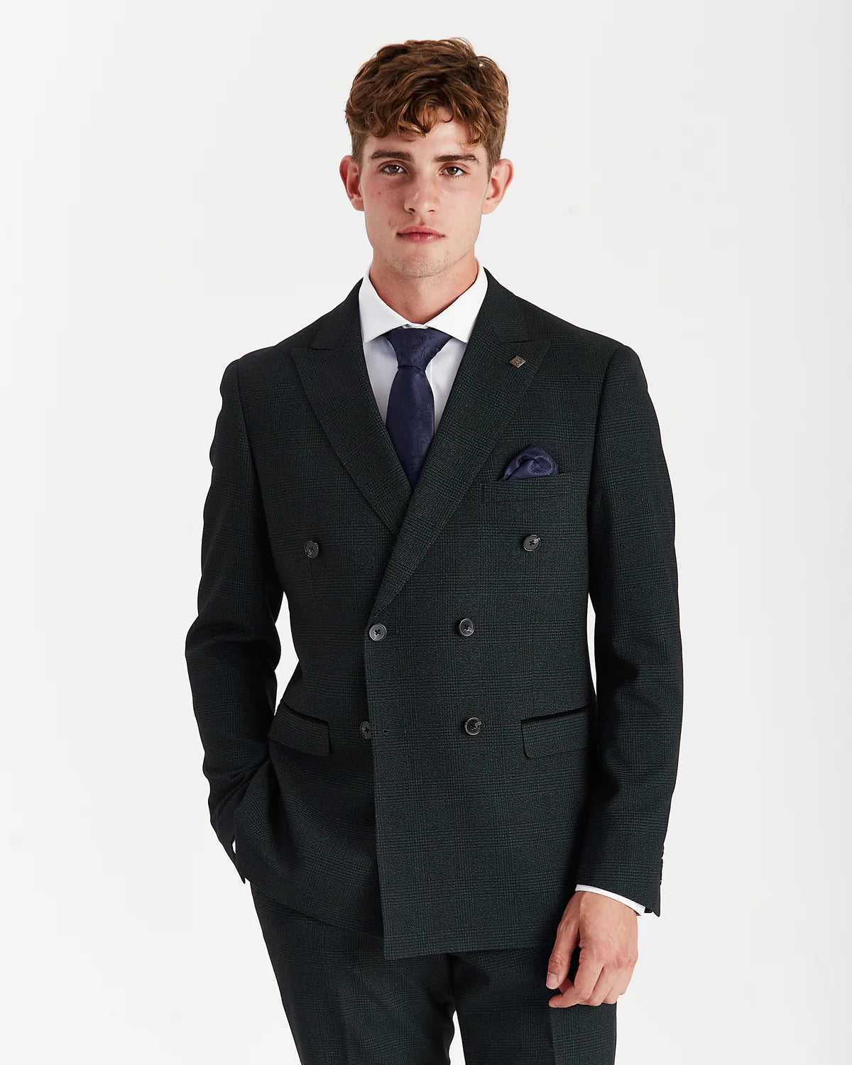Men’s 2-Piece Double Breasted Glen Check Tweed Suit - Regent - Olive Green Model Picture