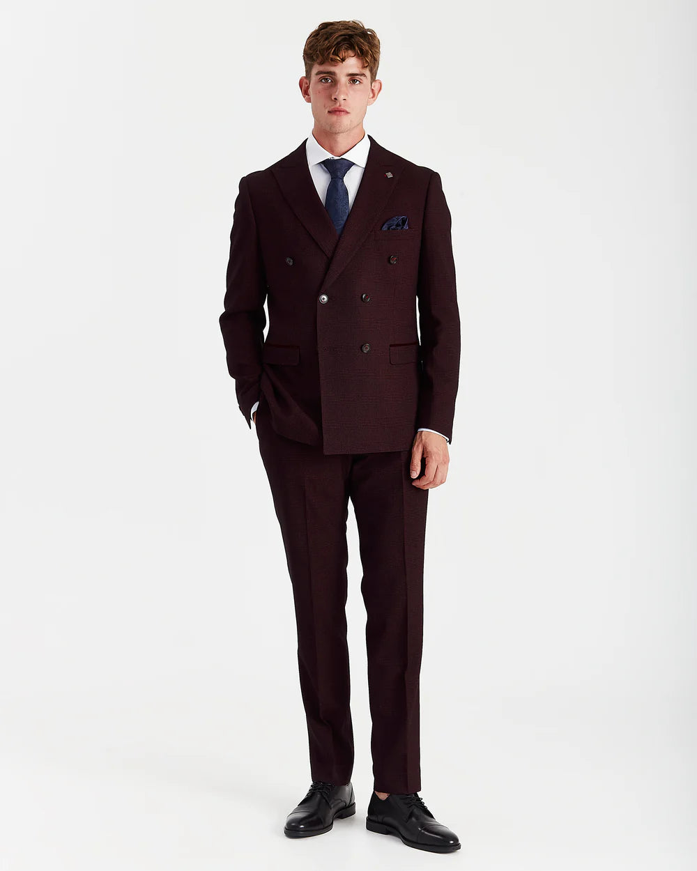 Men’s 2-Piece Double Breasted Glen Check Tweed Suit - Regent - Wine Burgundy Front Picture
