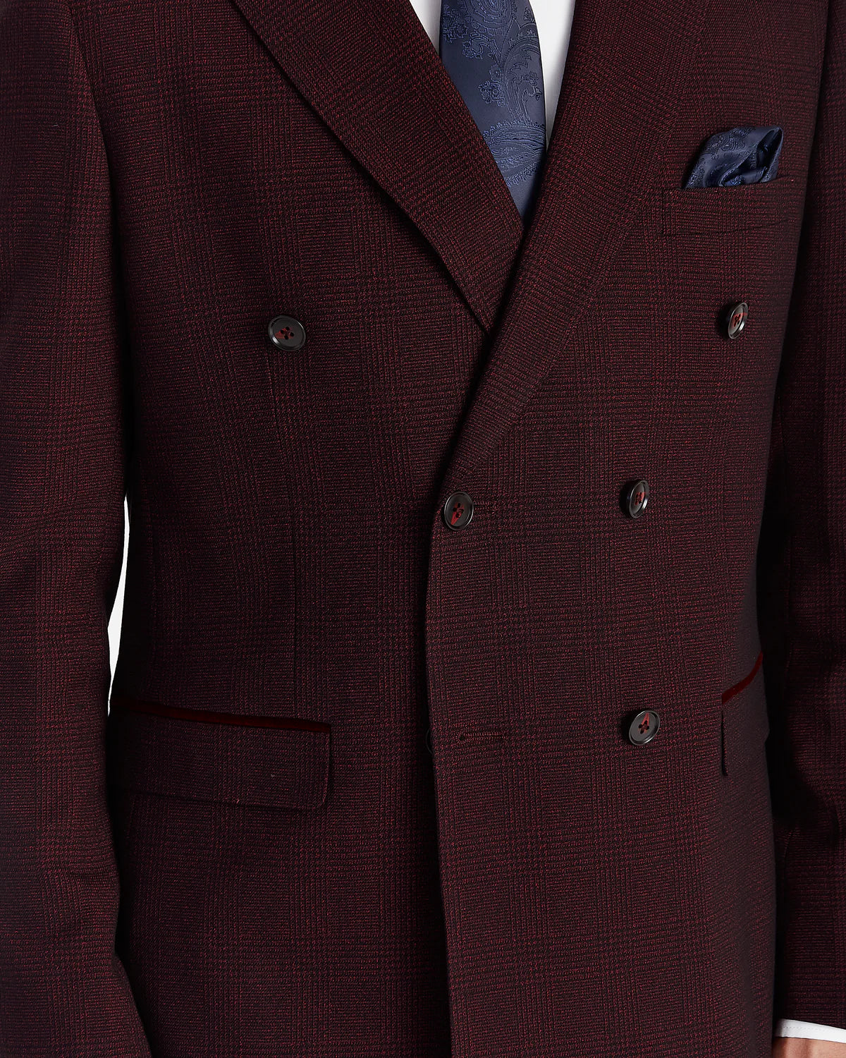 Men’s 2-Piece Double Breasted Glen Check Tweed Suit - Regent - Wine Burgundy Detail Picture