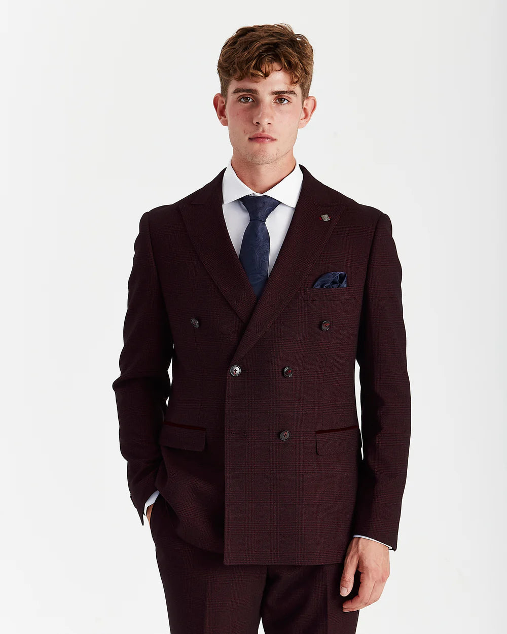 Men’s 2-Piece Double Breasted Glen Check Tweed Suit - Regent - Wine Burgundy Model Picture