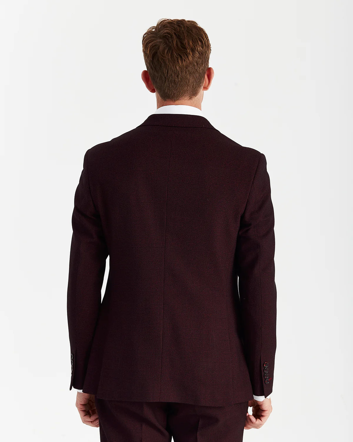 Men’s 2-Piece Double Breasted Glen Check Tweed Suit - Regent - Wine Burgundy Back Picture