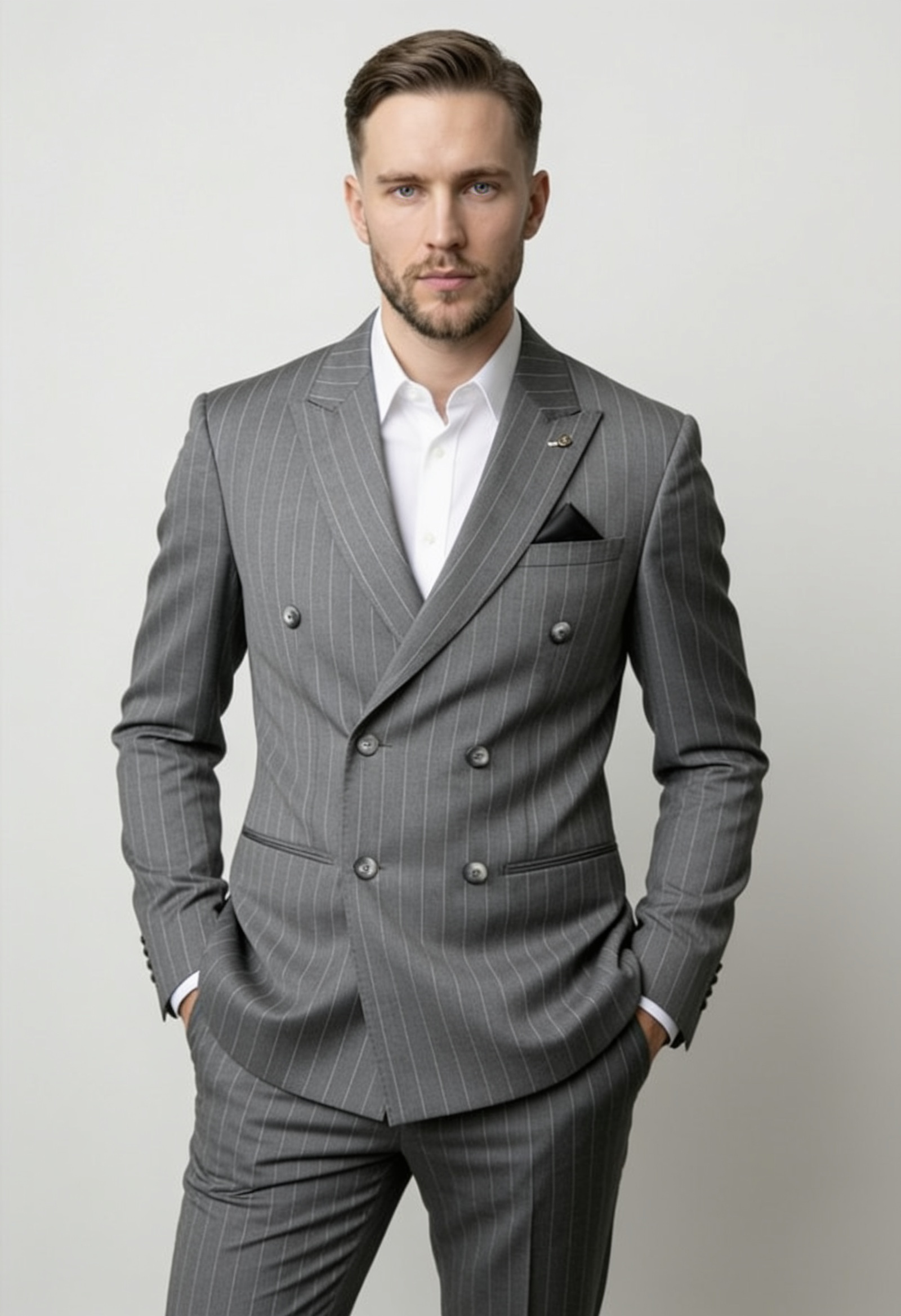 Men’s 2-Piece Wool Double Breasted Pinstripe Suit - Style LENNOX GREY