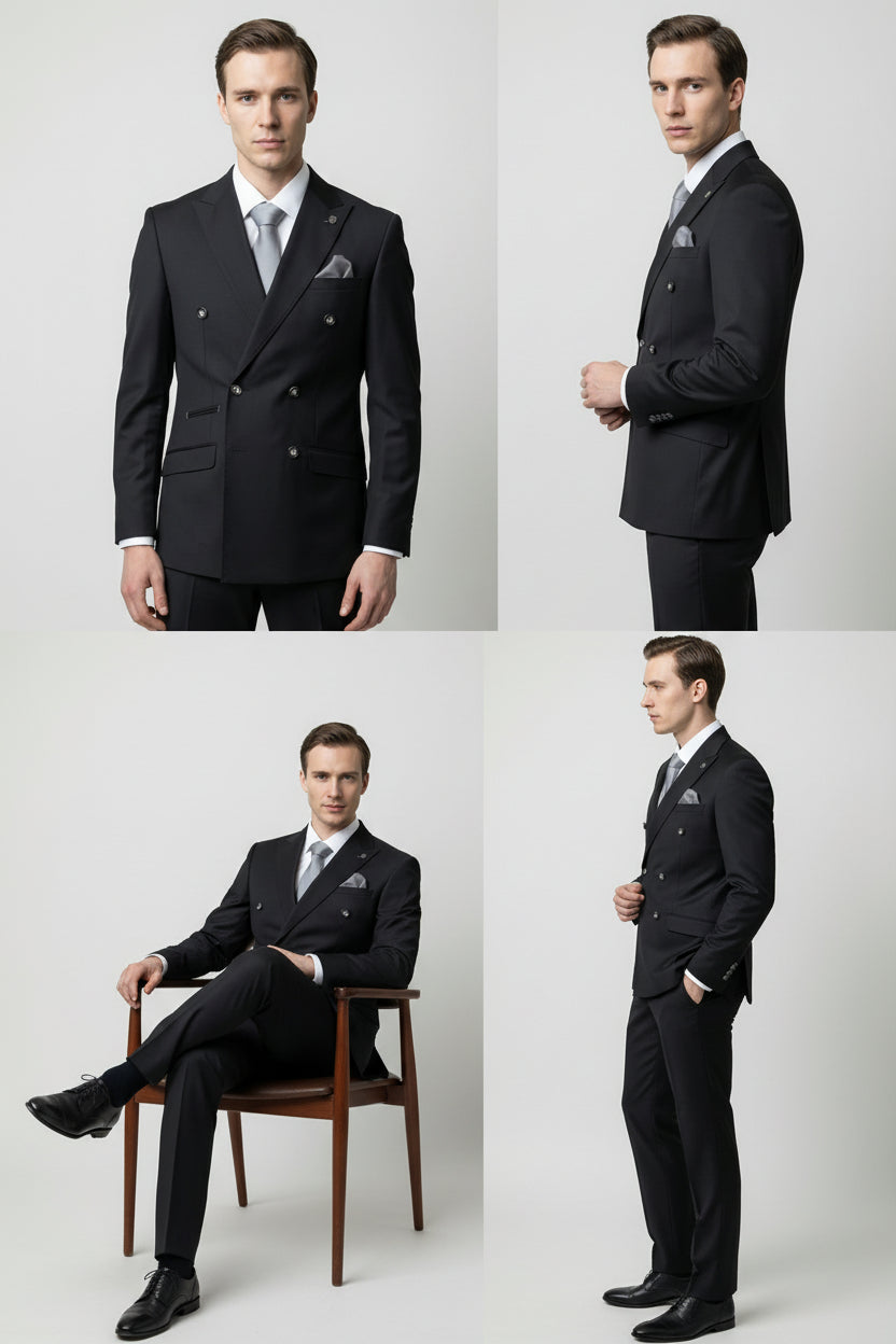 Men’s 2 Piece Double Breasted Formal Suit - CARSON BLACK