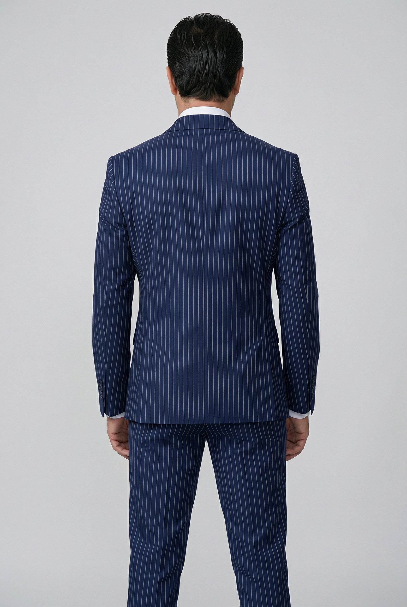 Men’s 2 Piece Double Breasted Pinstripe Suit - EVAN NAVY Back Picture