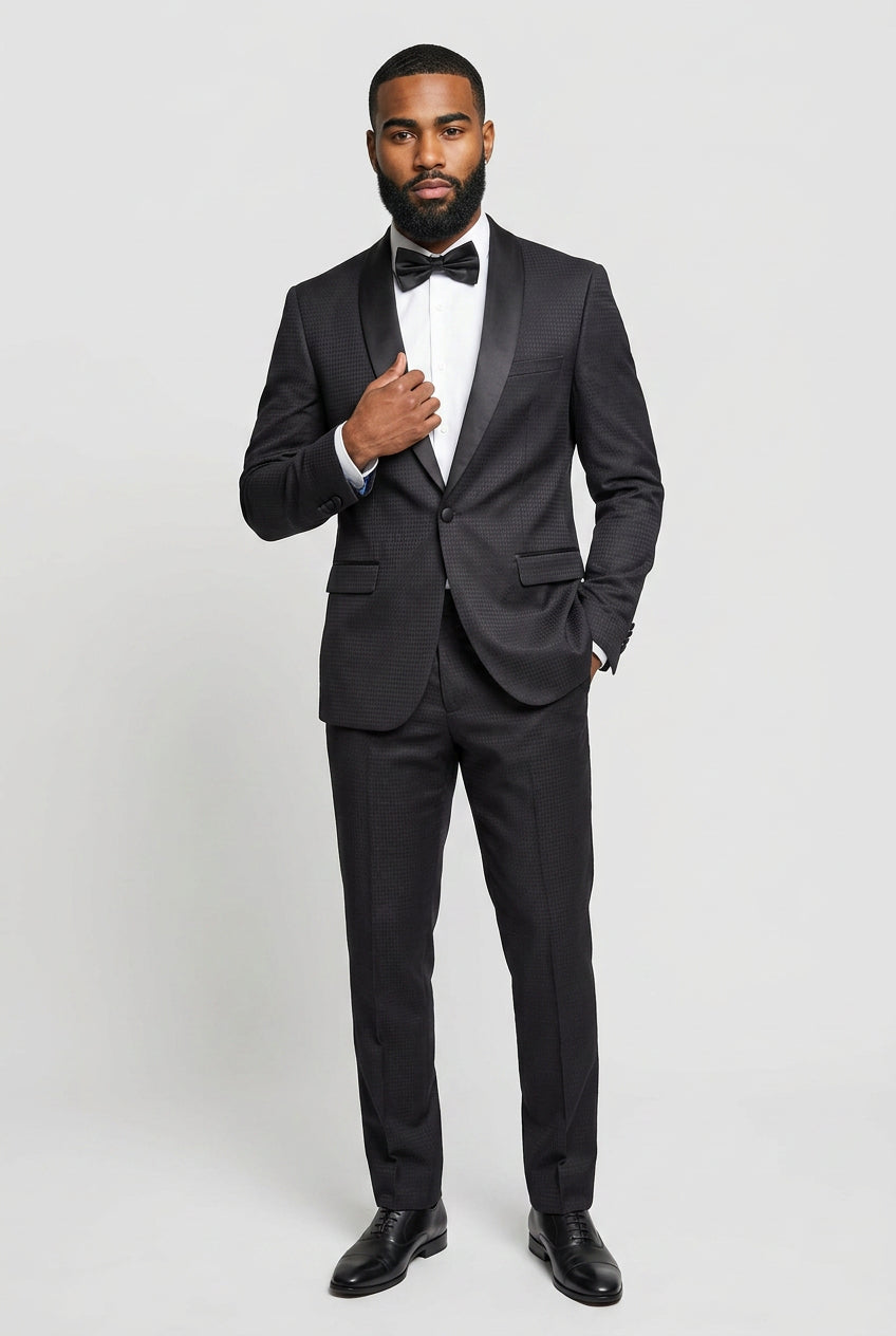 Men’s 2 Piece Textured Shawl Lapel Tuxedo Suit - Style SAKKI BLACK