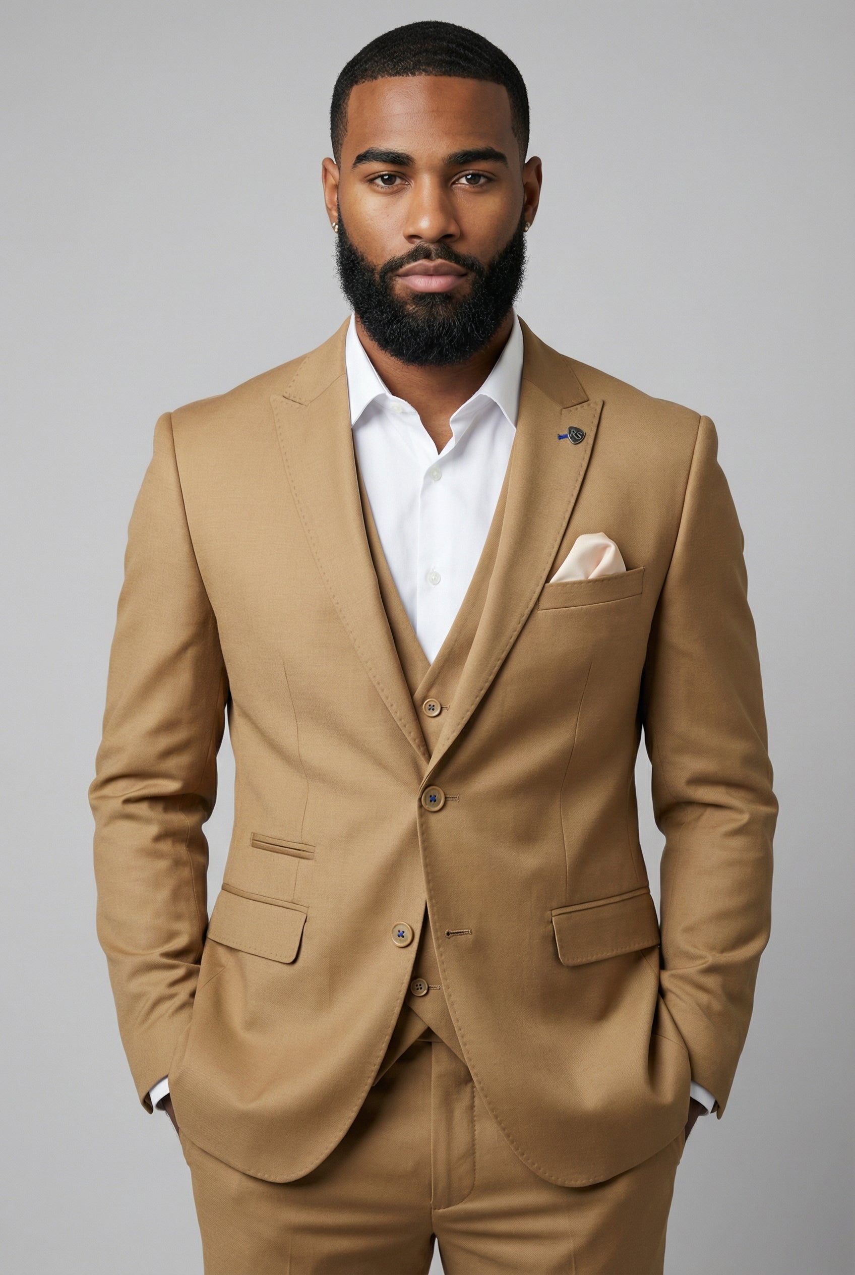 Men’s 3-Piece Formal Suit with Double Breasted Waistcoat - Jason - Mustard Model Front Picture