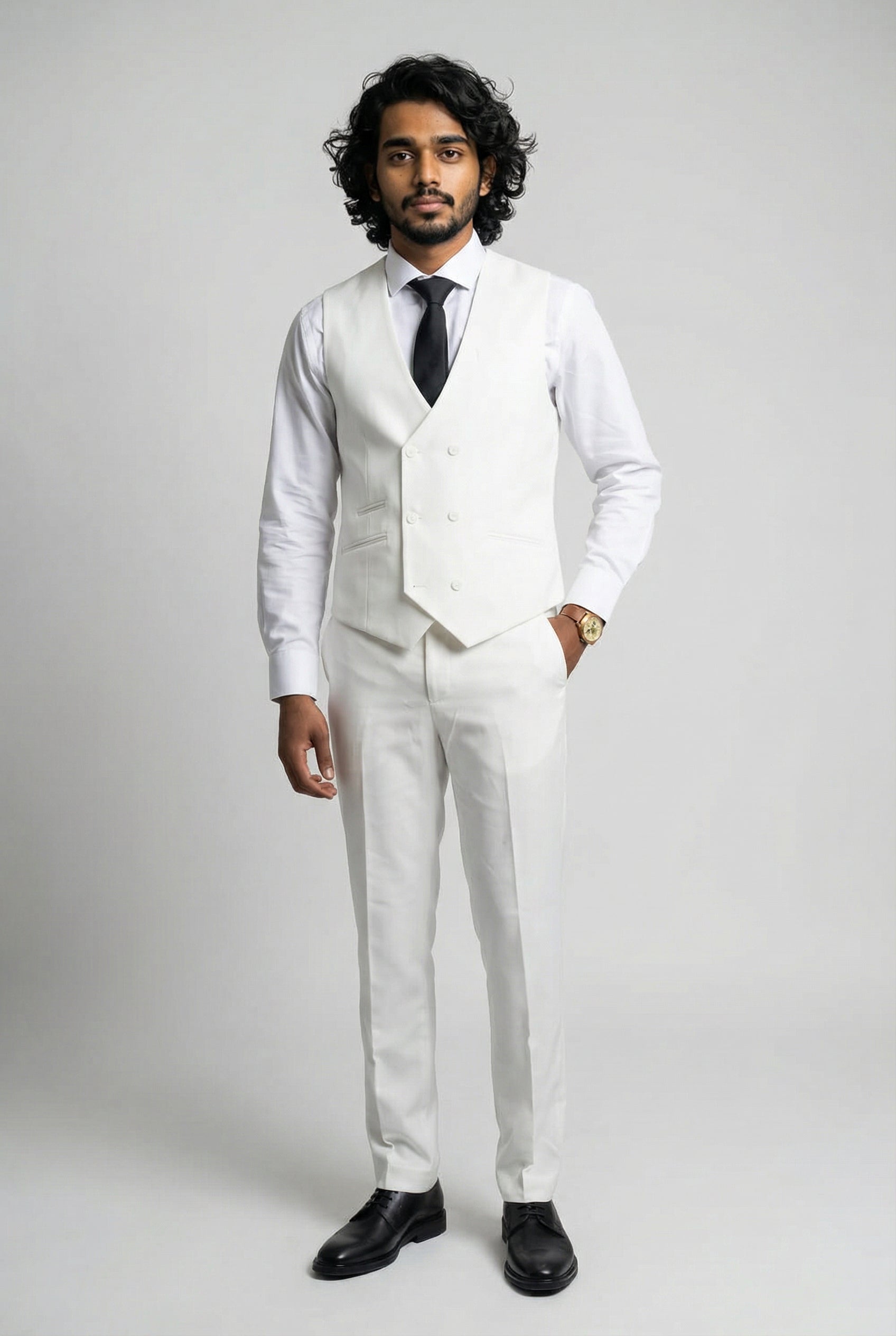 Men’s 3-Piece Formal Suit with Double Breasted Waistcoat - Santiago - Off White Waistcoat Picture
