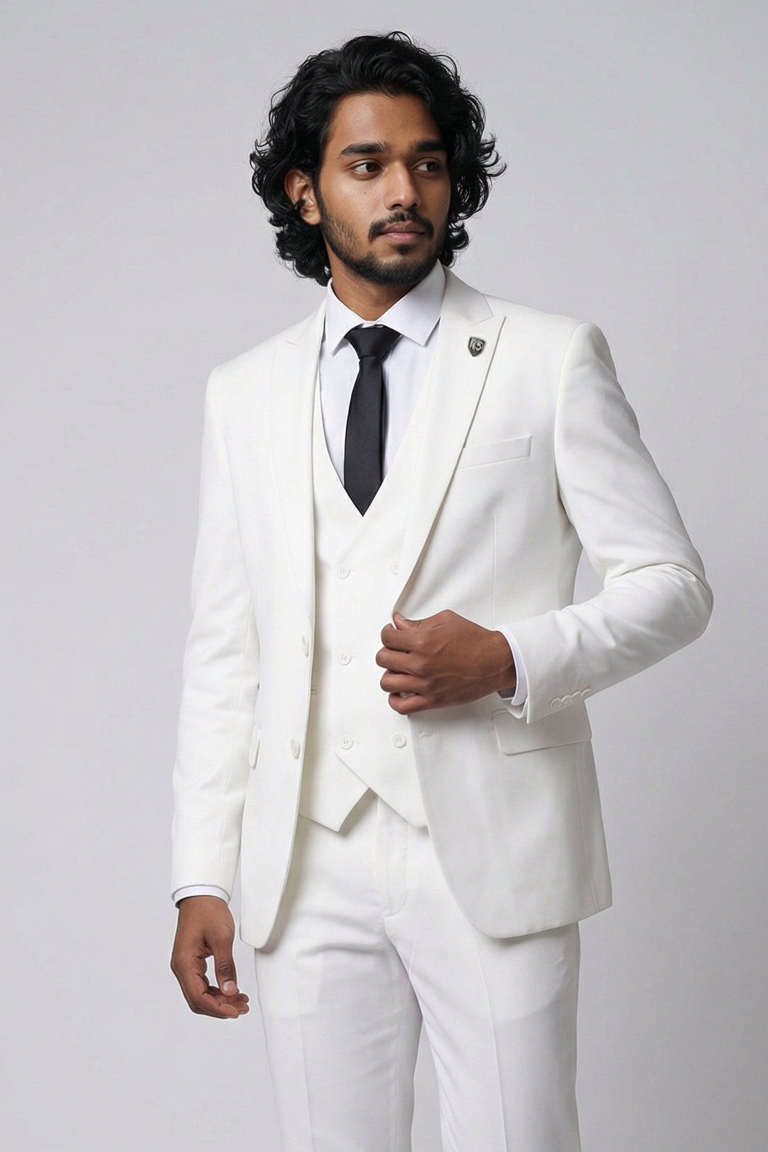 Men’s 3-Piece Formal Suit with Double Breasted Waistcoat - Santiago - Off White Model Picture