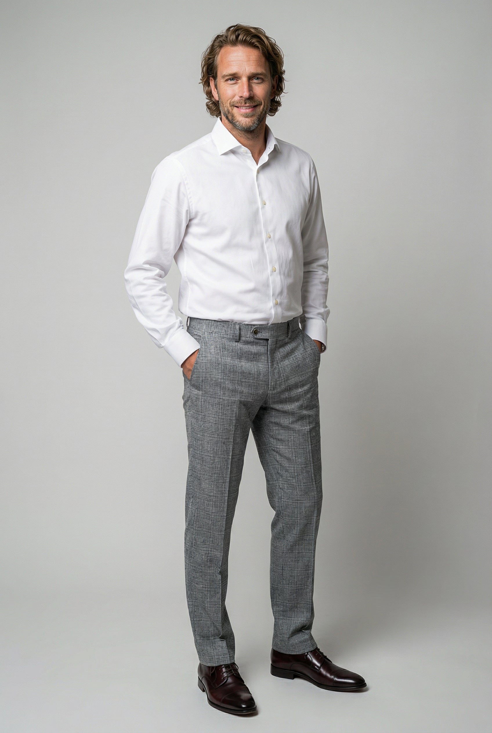 Men’s 3-Piece Glen Check Dress Trousers - Parker - Stone Grey Front Picture