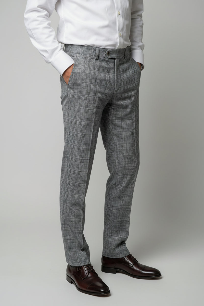 Men’s 3-Piece Glen Check Dress Trousers - Parker - Stone Grey Model Picture