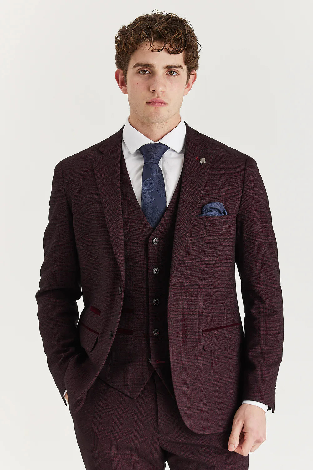 Father & Son Matching Glen Check Tweed 3-Piece Suit Set - Regent - Wine Red