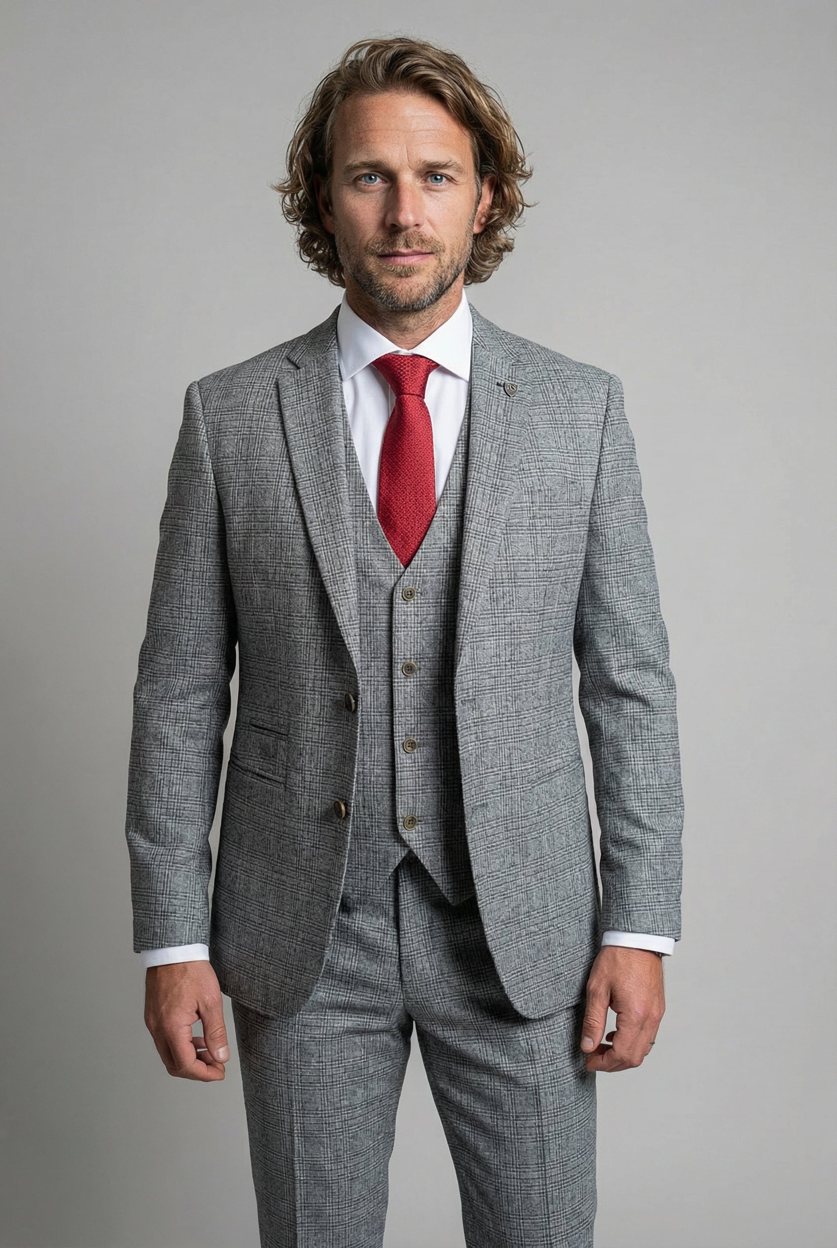 Men’s 3-Piece Glen Check Suit - Parker - Stone Grey Model Picture
