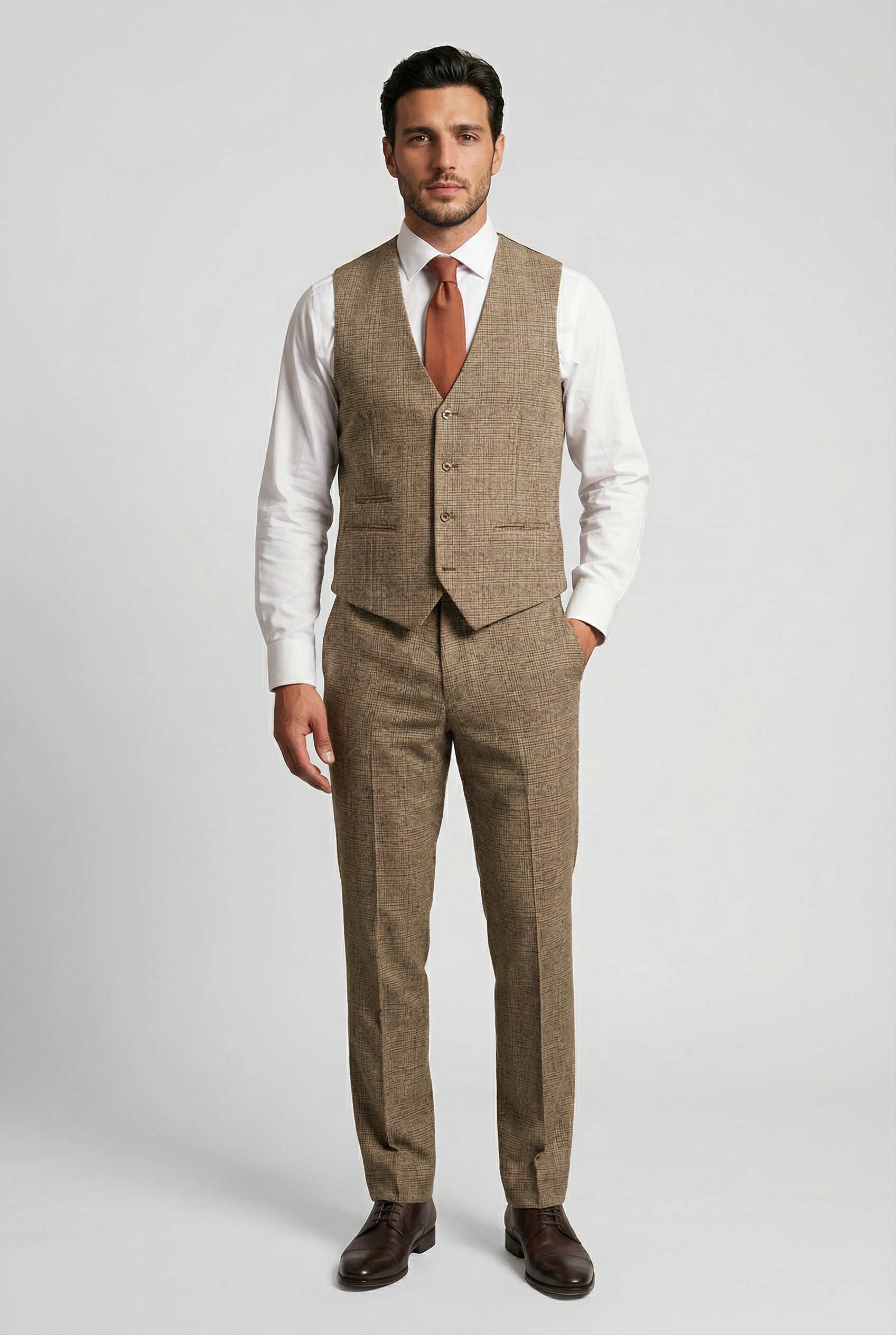 Men’s 3-Piece Glen Check Suit - Parker - Tan Brown