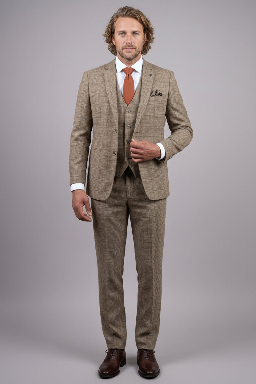 Men’s 3-Piece Glen Check Suit - Parker - Tan Brown Front Picture