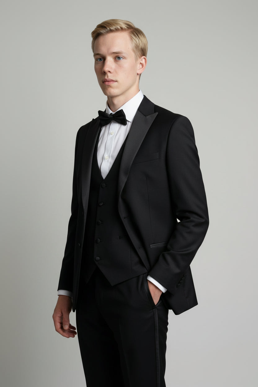 Men’s 3-Piece Satin Lapel Tuxedo Suit - Edward - Black Model Side Picture