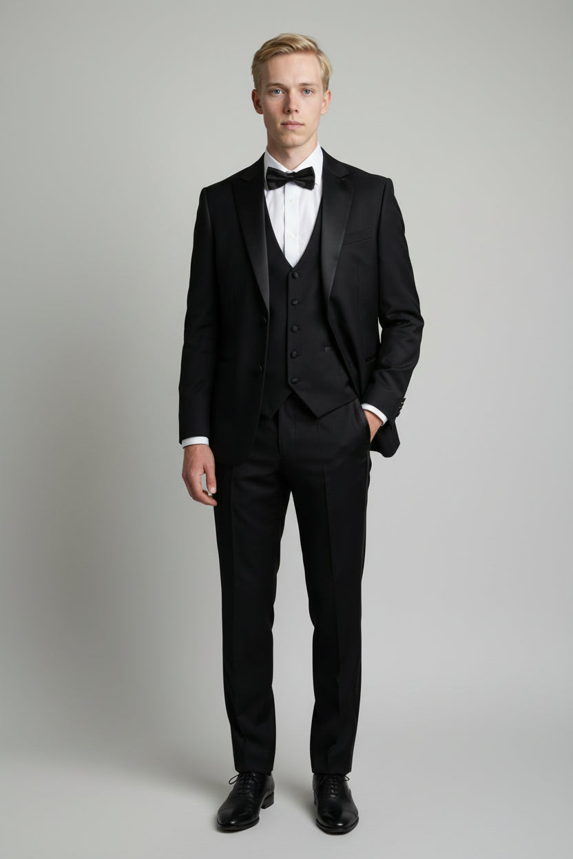 Men’s 3-Piece Satin Lapel Tuxedo Suit - Edward - Black Model Front Picture