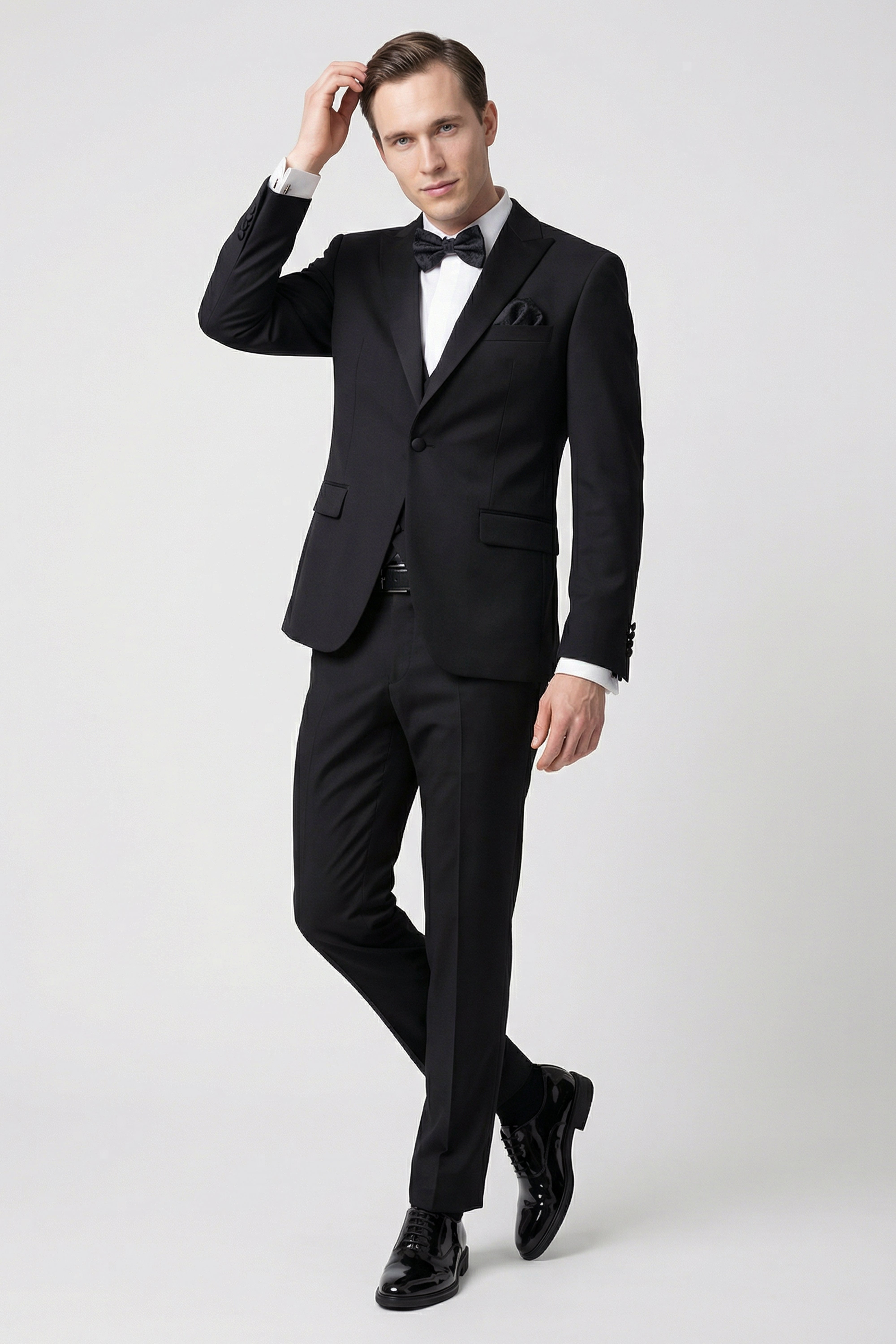 Men’s 3-Piece Satin Lapel Tuxedo Suit with Double Breasted Waistcoat - Black Model Front Picture