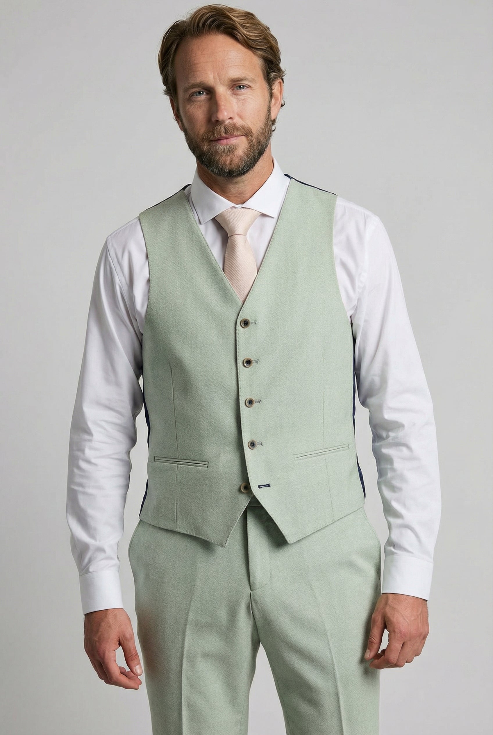 Men’s 3-Piece Tailored Fit Formal Suit - Belmont - Sage Green Model waistcoat Picture