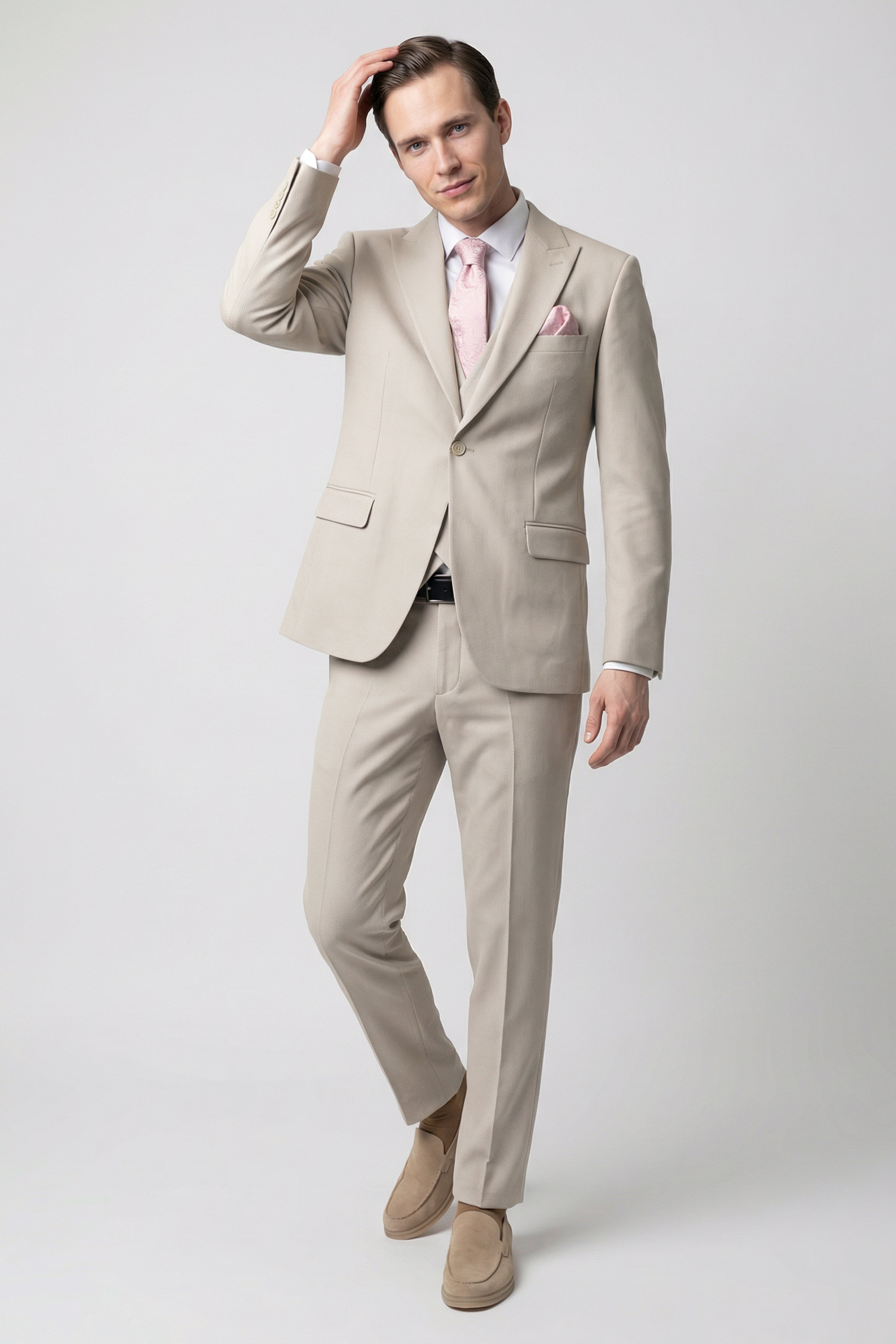 Men’s 3-Piece Textured Formal Suit with Double Breasted Waistcoat - Core - Beige Front Picture