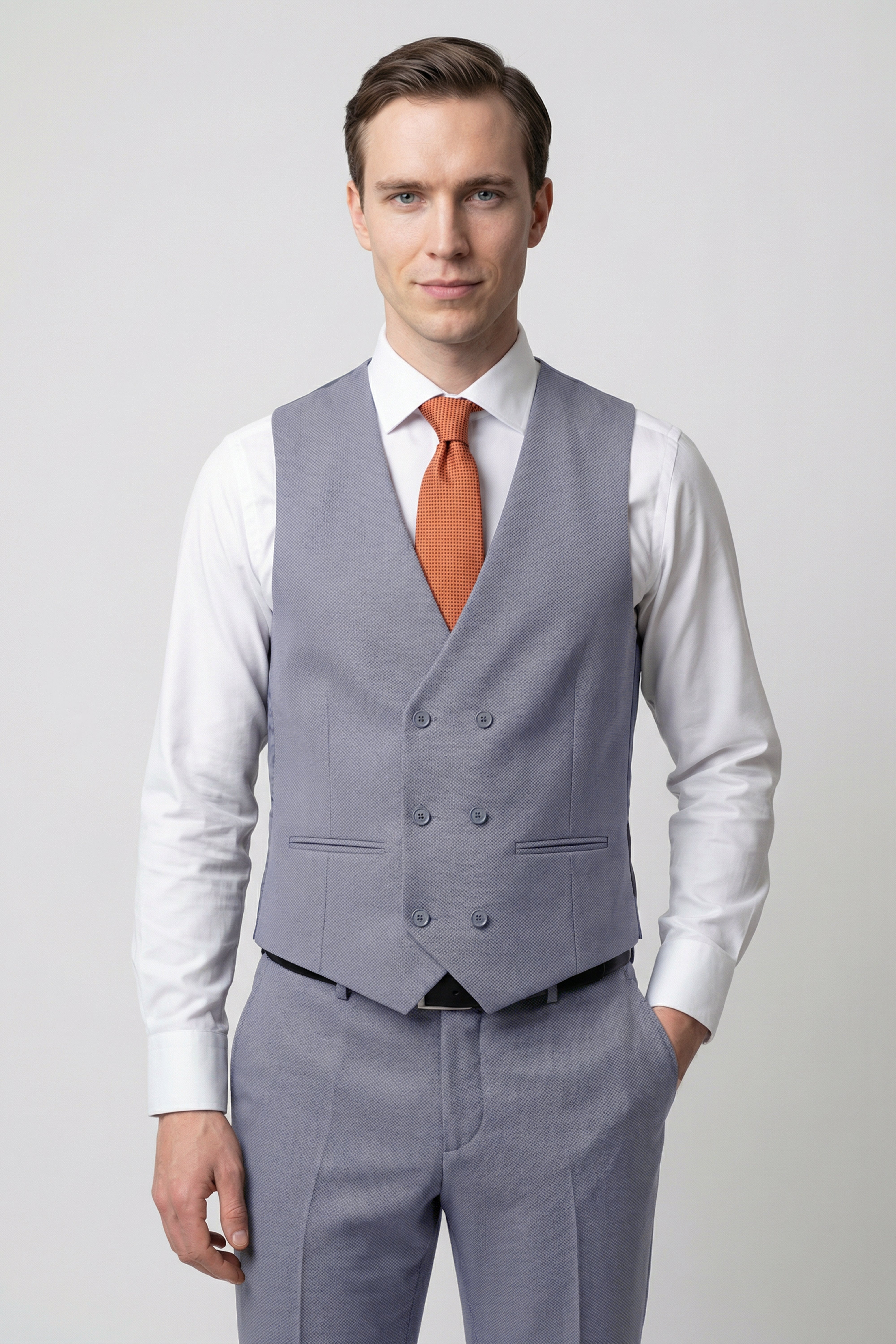 Men’s 3-Piece Textured Formal Suit with Double Breasted Waistcoat - Core - Charcoal Grey Model Front Picture
