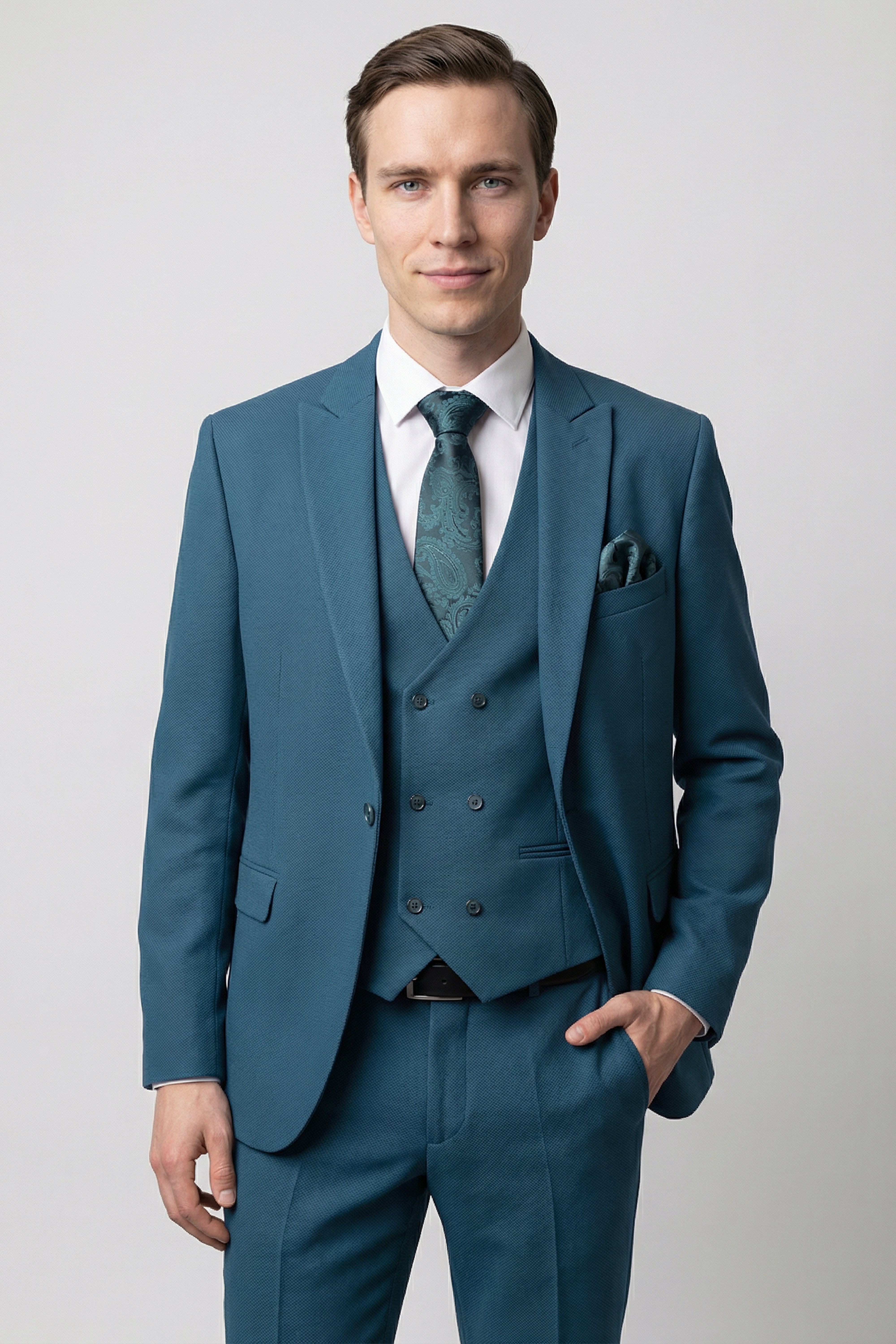 Men’s 3-Piece Textured Formal Suit with Double Breasted Waistcoat - Core - Olive Green Model Picture