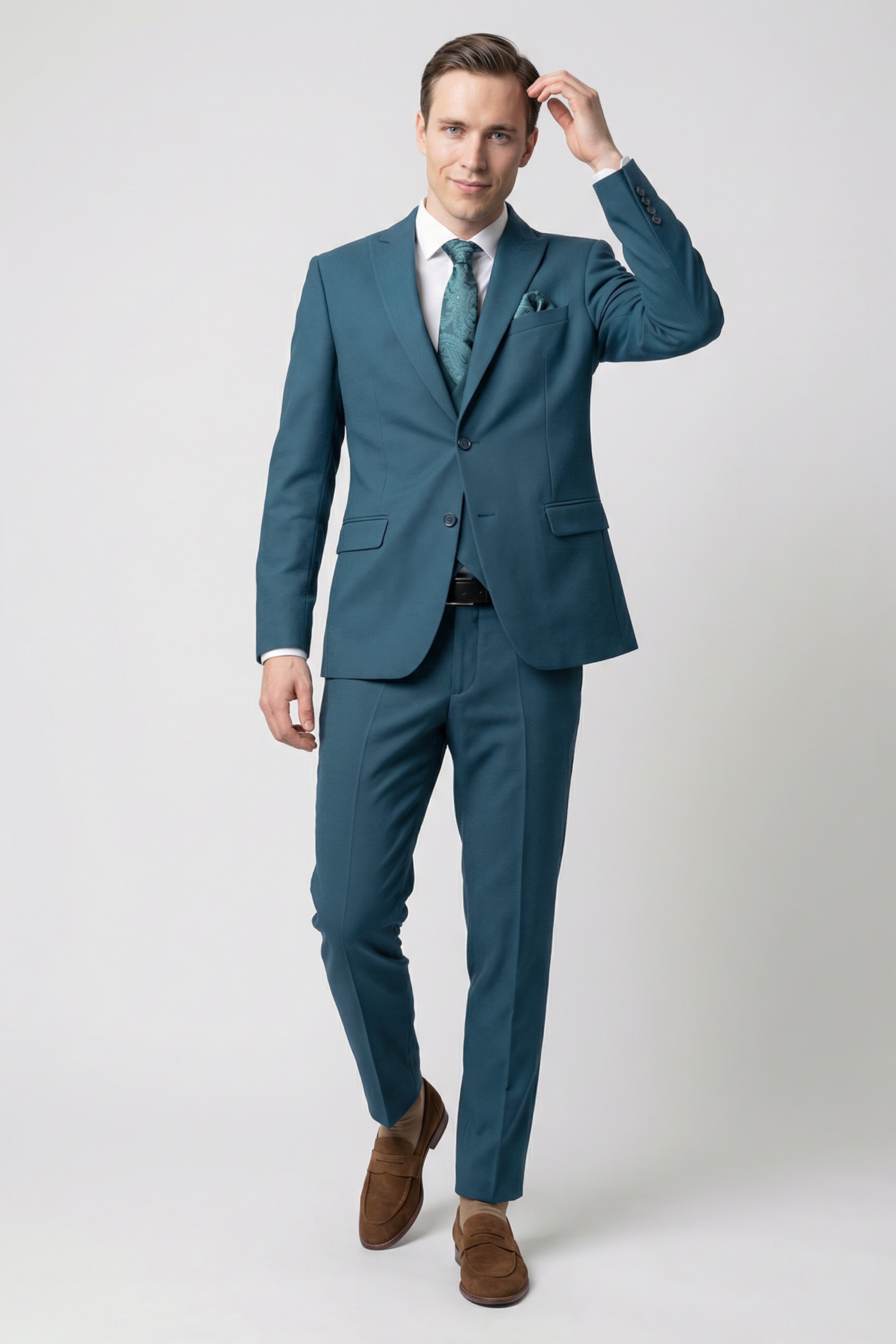 Men’s 3-Piece Textured Formal Suit with Double Breasted Waistcoat - Core - Olive Green Model Front Picture