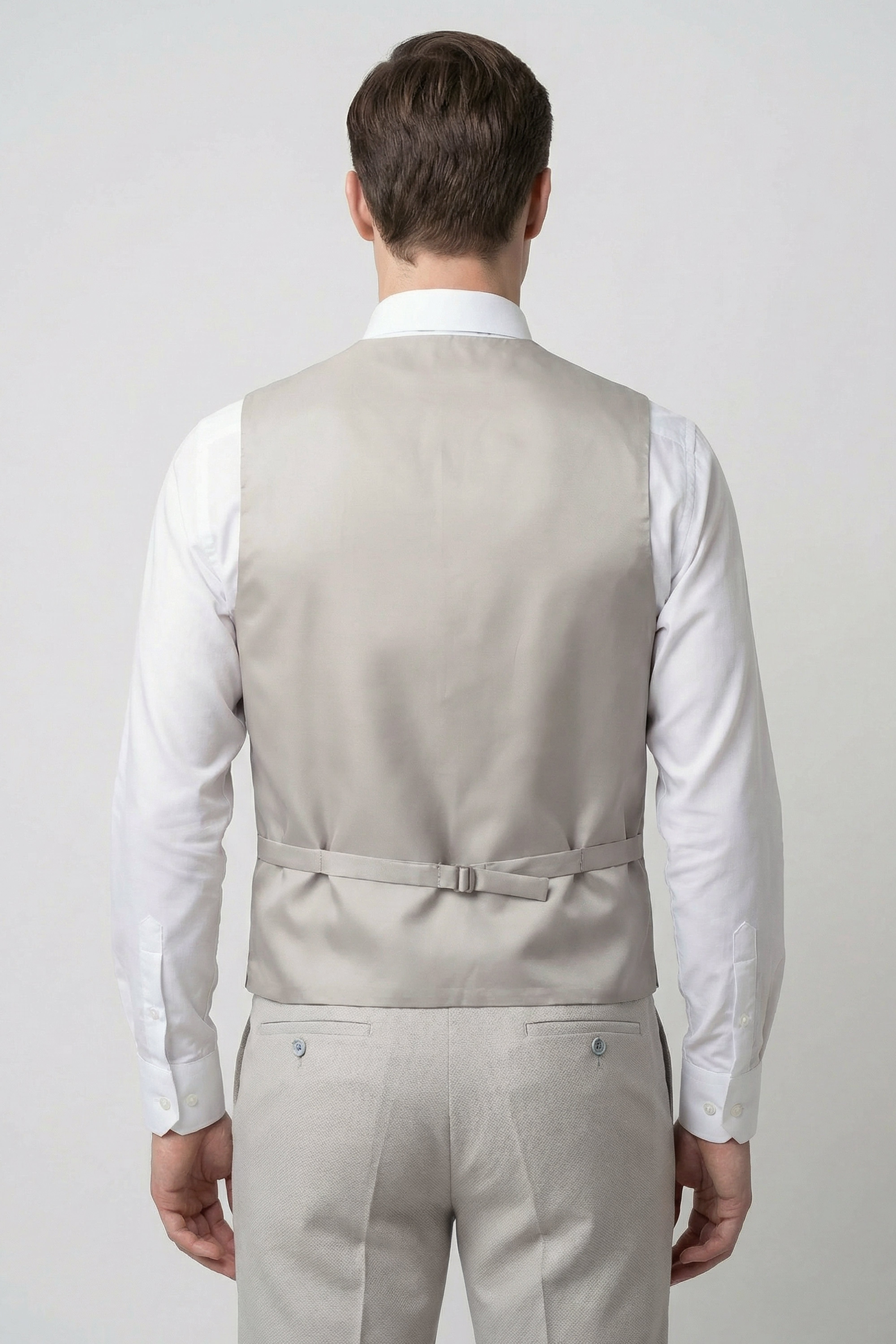 Men’s 3-Piece Textured Formal Suit with Double Breasted Waistcoat - Core - Stone Grey Model Waistcoat Back Picture
