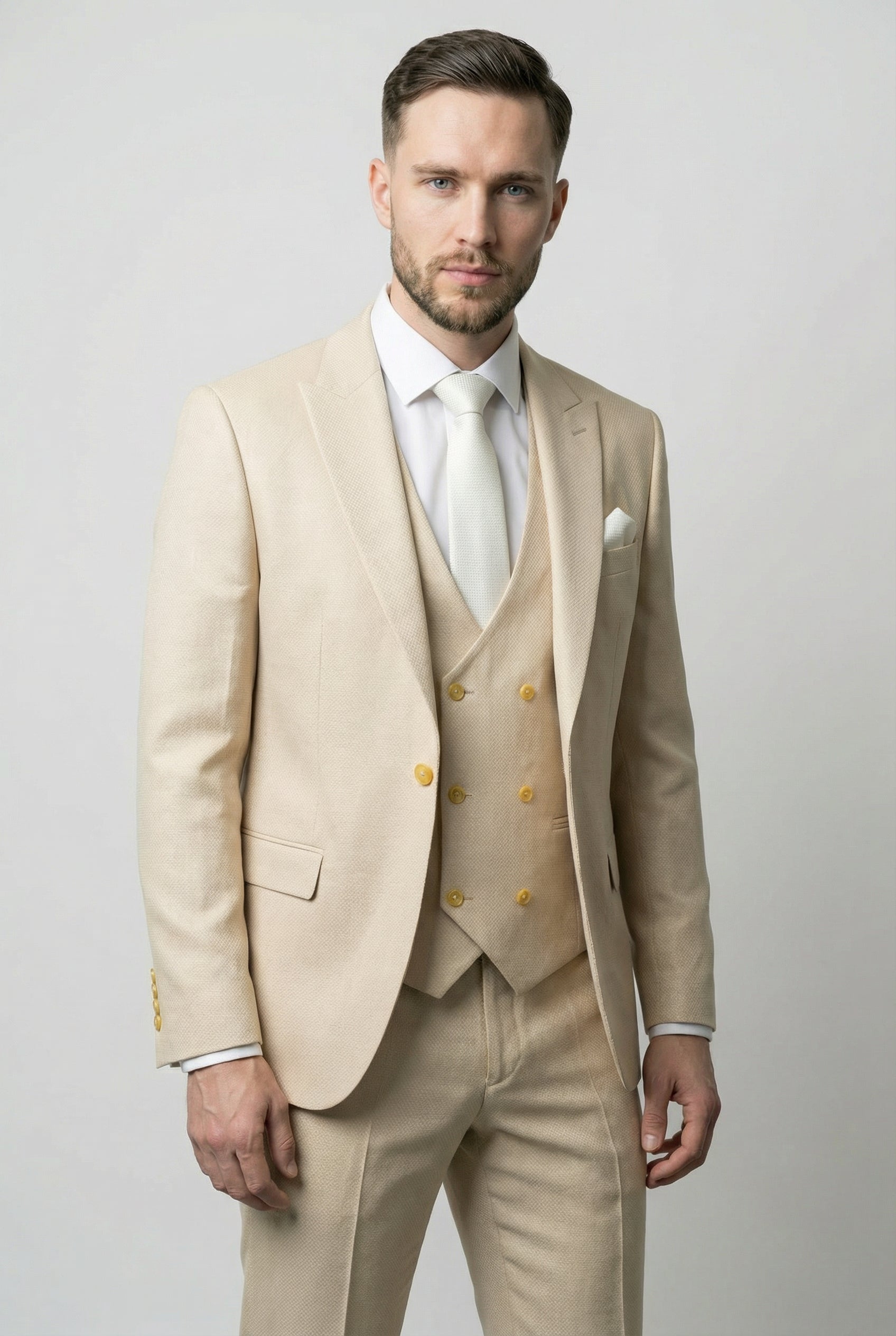 Men’s 3-Piece Textured Suit with Double-Breasted Waistcoat - CORE - Beige