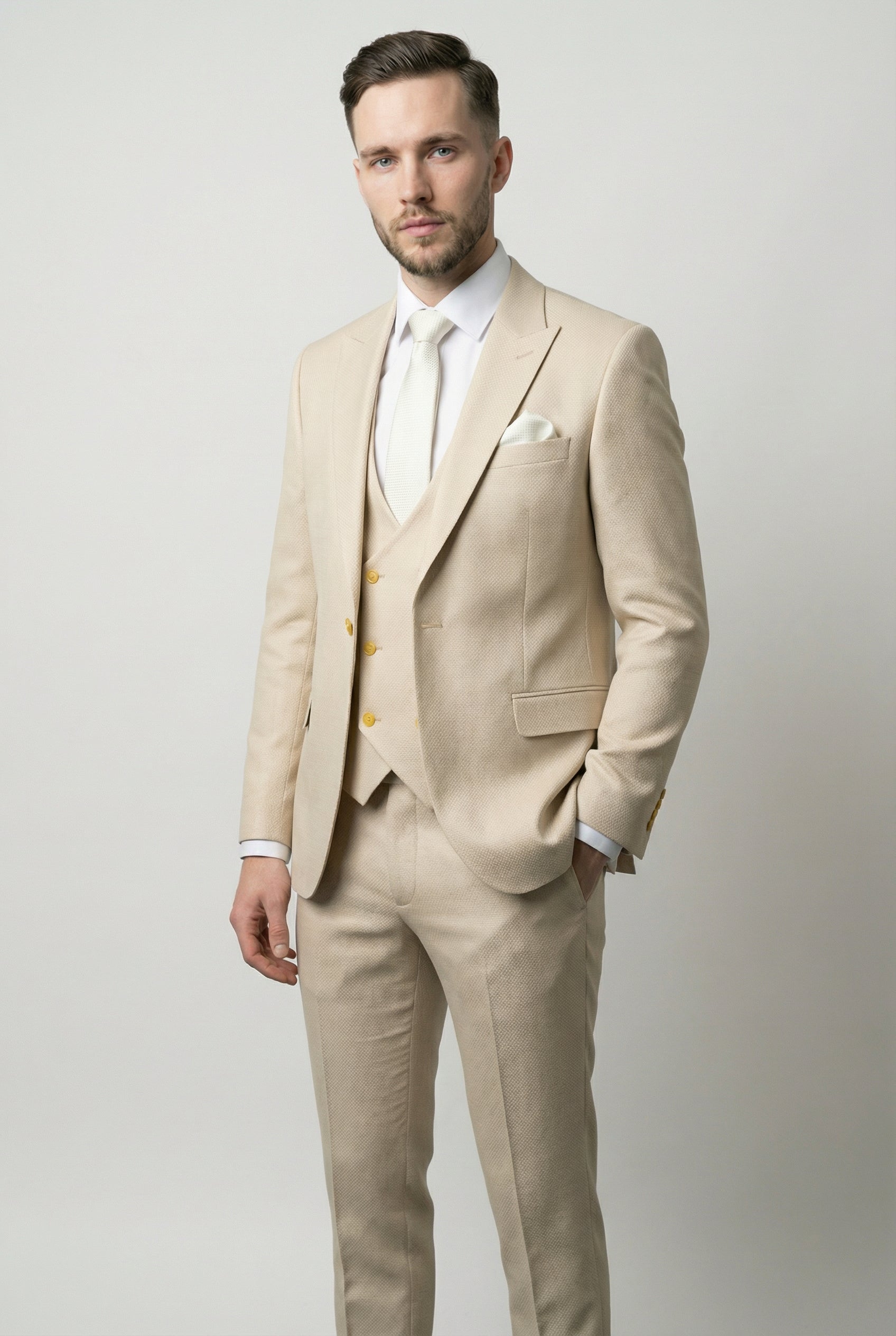 Men’s 3-Piece Textured Suit with Double-Breasted Waistcoat - CORE - Beige