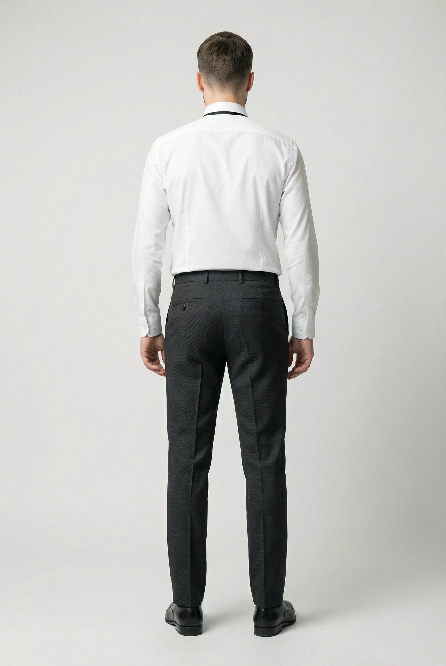 Men’s 3-Piece Textured Suit with Double-Breasted Waistcoat - CORE - Black Trousers Back Picture