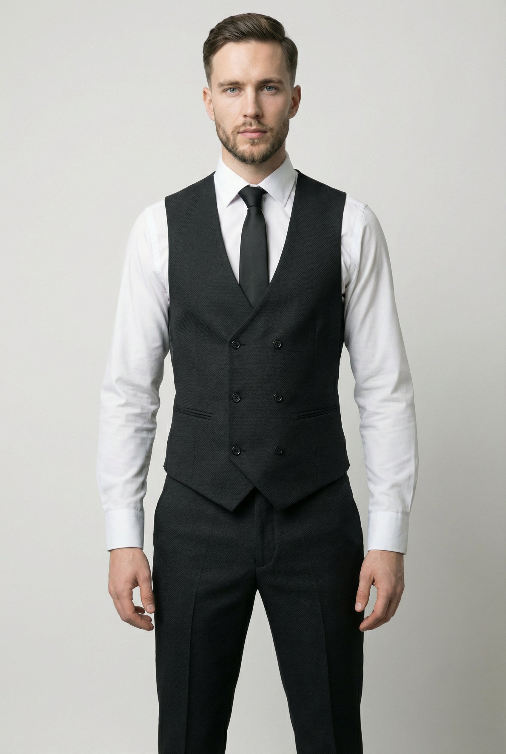 Men’s 3-Piece Textured Suit with Double-Breasted Waistcoat - CORE - Black Waistcoat Picture