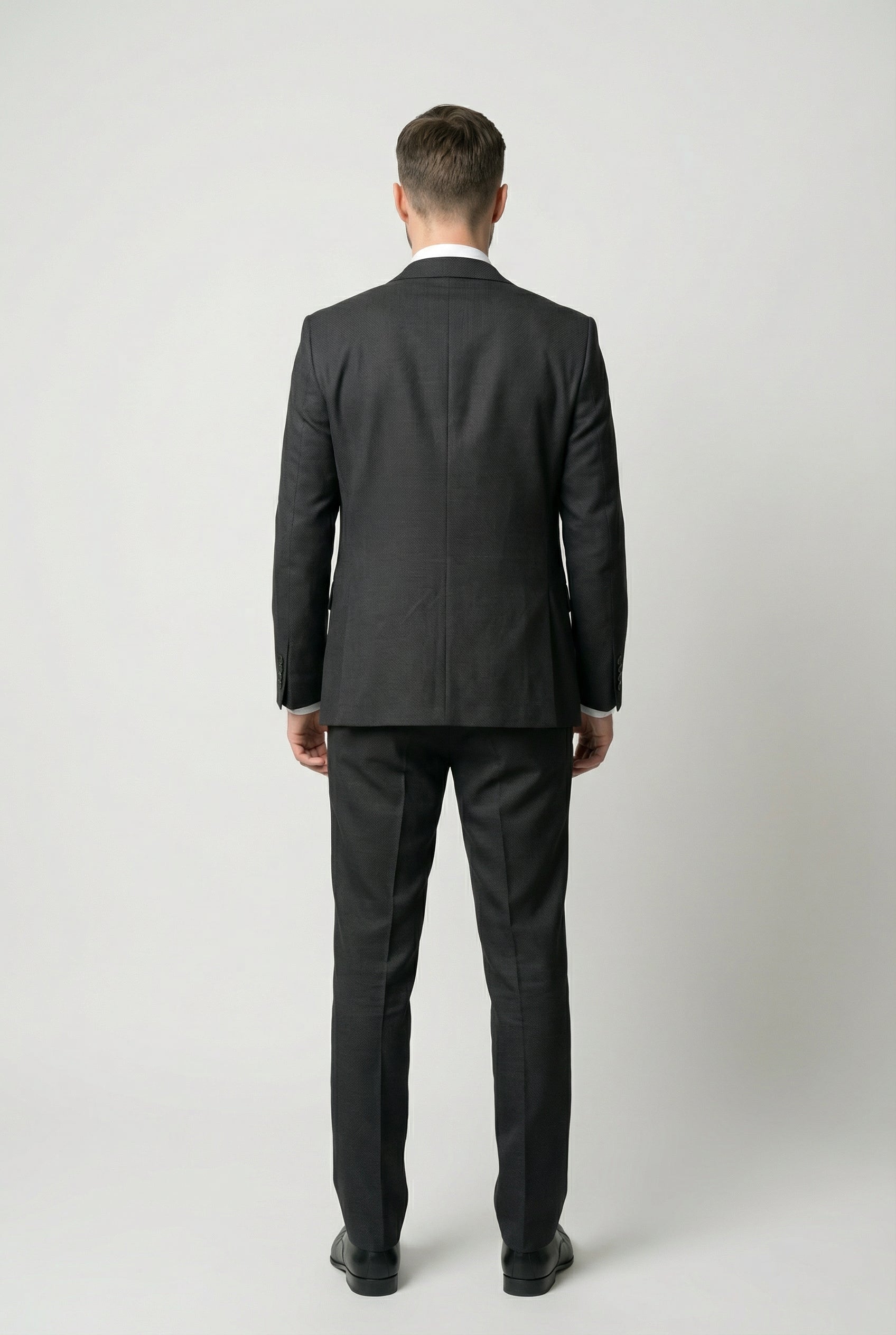 Men’s 3-Piece Textured Suit with Double-Breasted Waistcoat - CORE - Black Back Picture