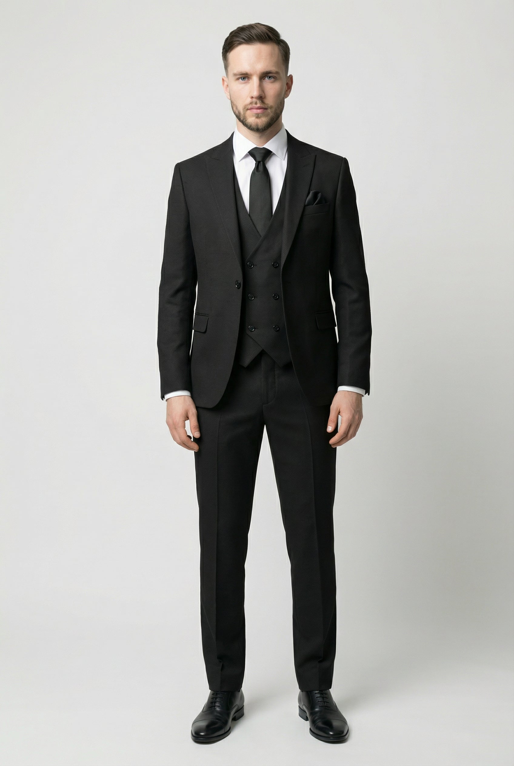 Men’s 3-Piece Textured Suit with Double-Breasted Waistcoat - CORE - BlackModel Front Picture