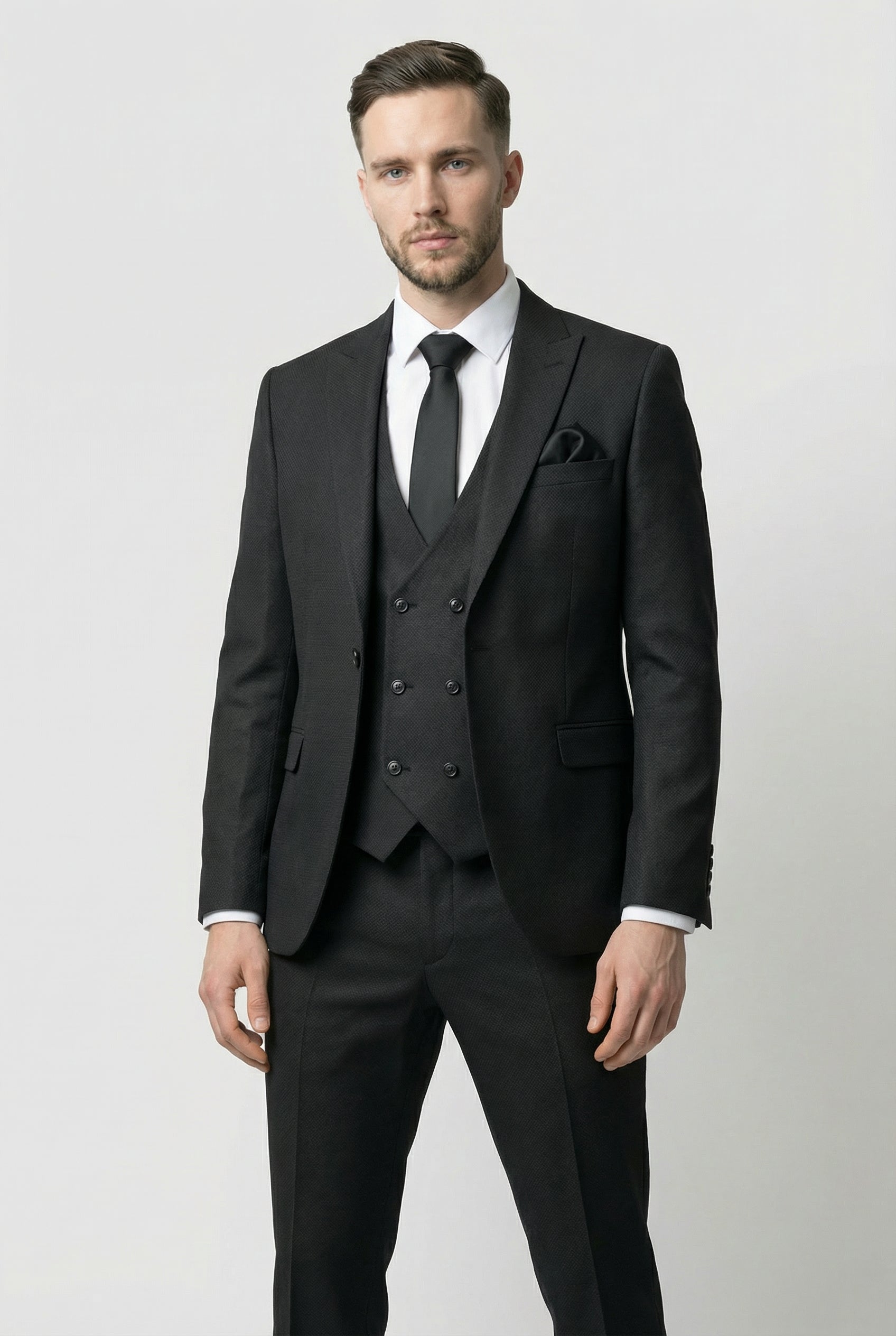 Men’s 3-Piece Textured Suit with Double-Breasted Waistcoat - CORE - Black Model Picture