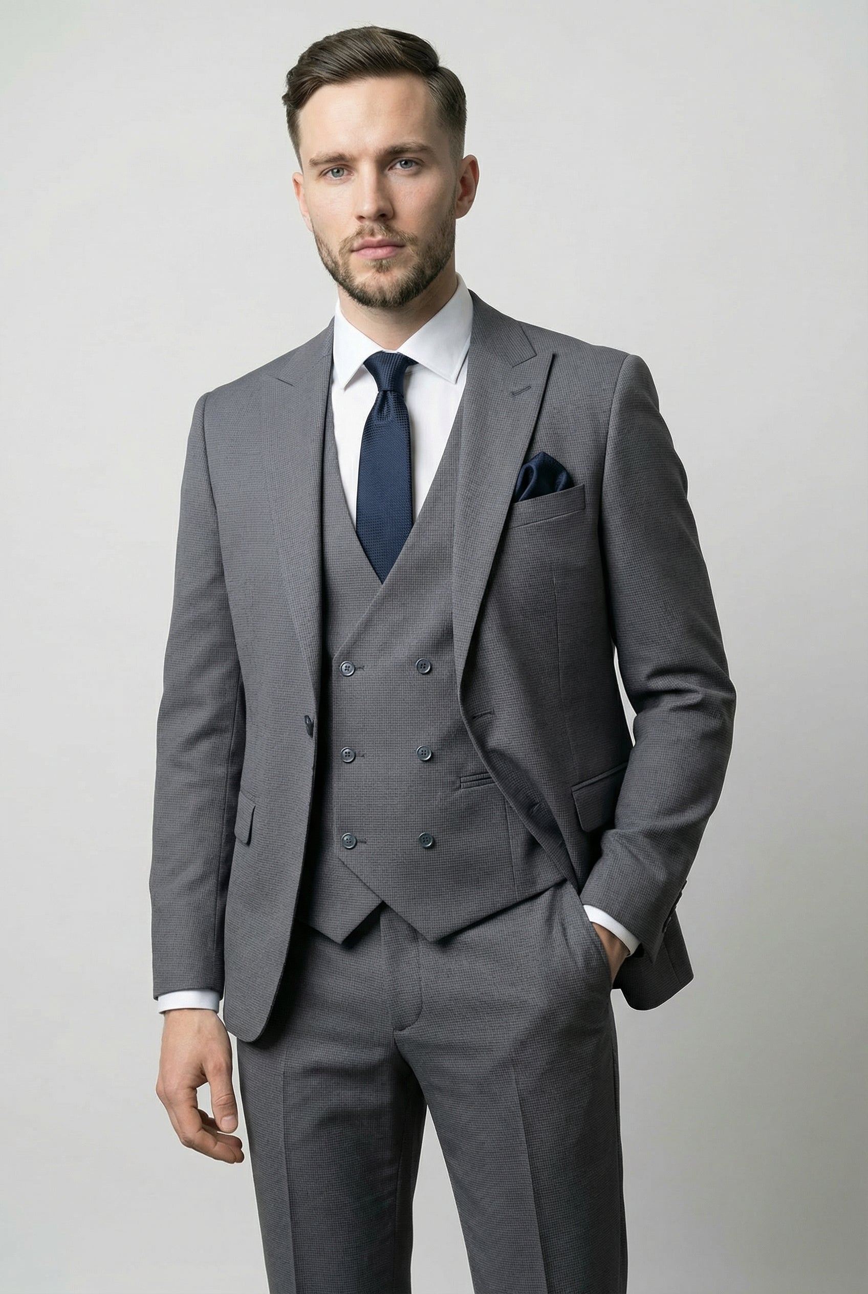 Men’s 3-Piece Textured Suit with Double-Breasted Waistcoat - CORE - Grey Model Picture