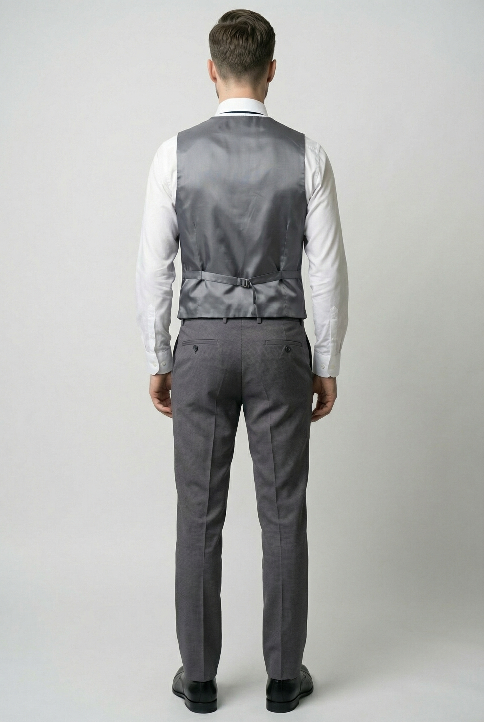 Men’s 3-Piece Textured Suit with Double-Breasted Waistcoat - CORE - Grey Waistcoat abd Trousers Back Picture