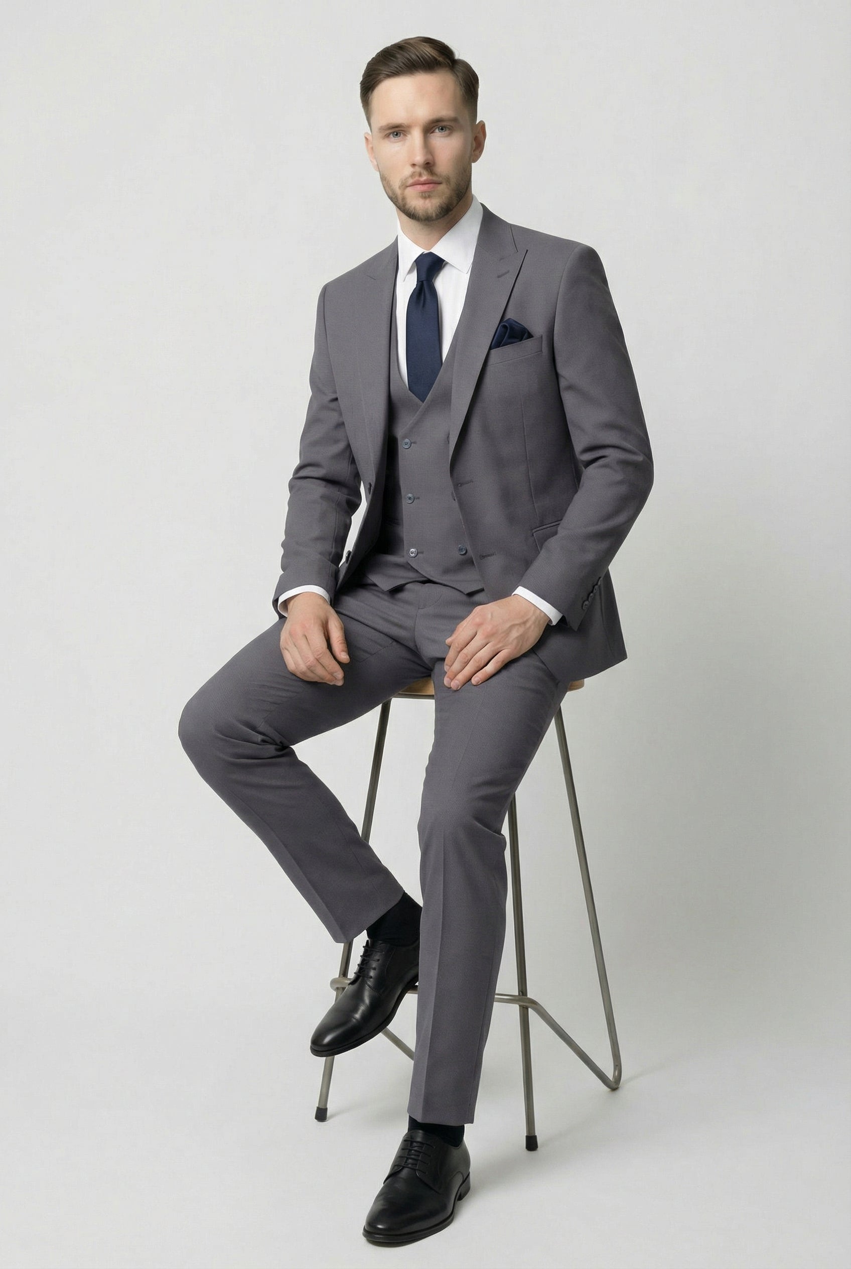 Men’s 3-Piece Textured Suit with Double-Breasted Waistcoat - CORE - Grey